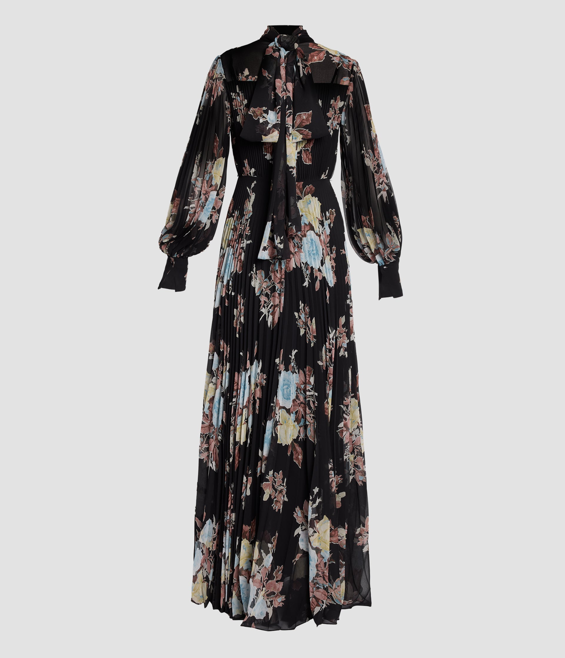 Floral Pleated Voile Long Sleeve Gown
