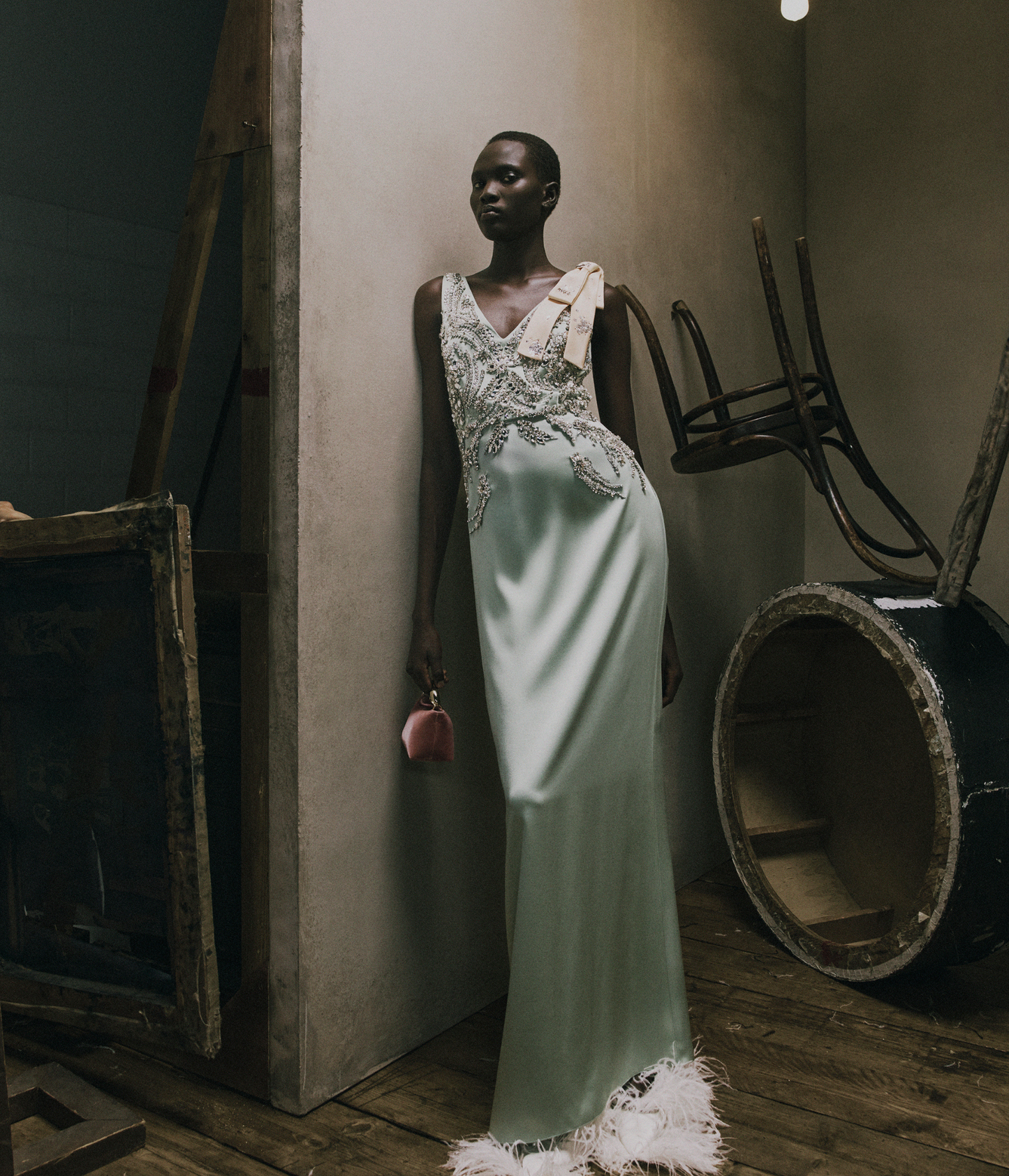 Embroidered Satin Sleeveless Gown