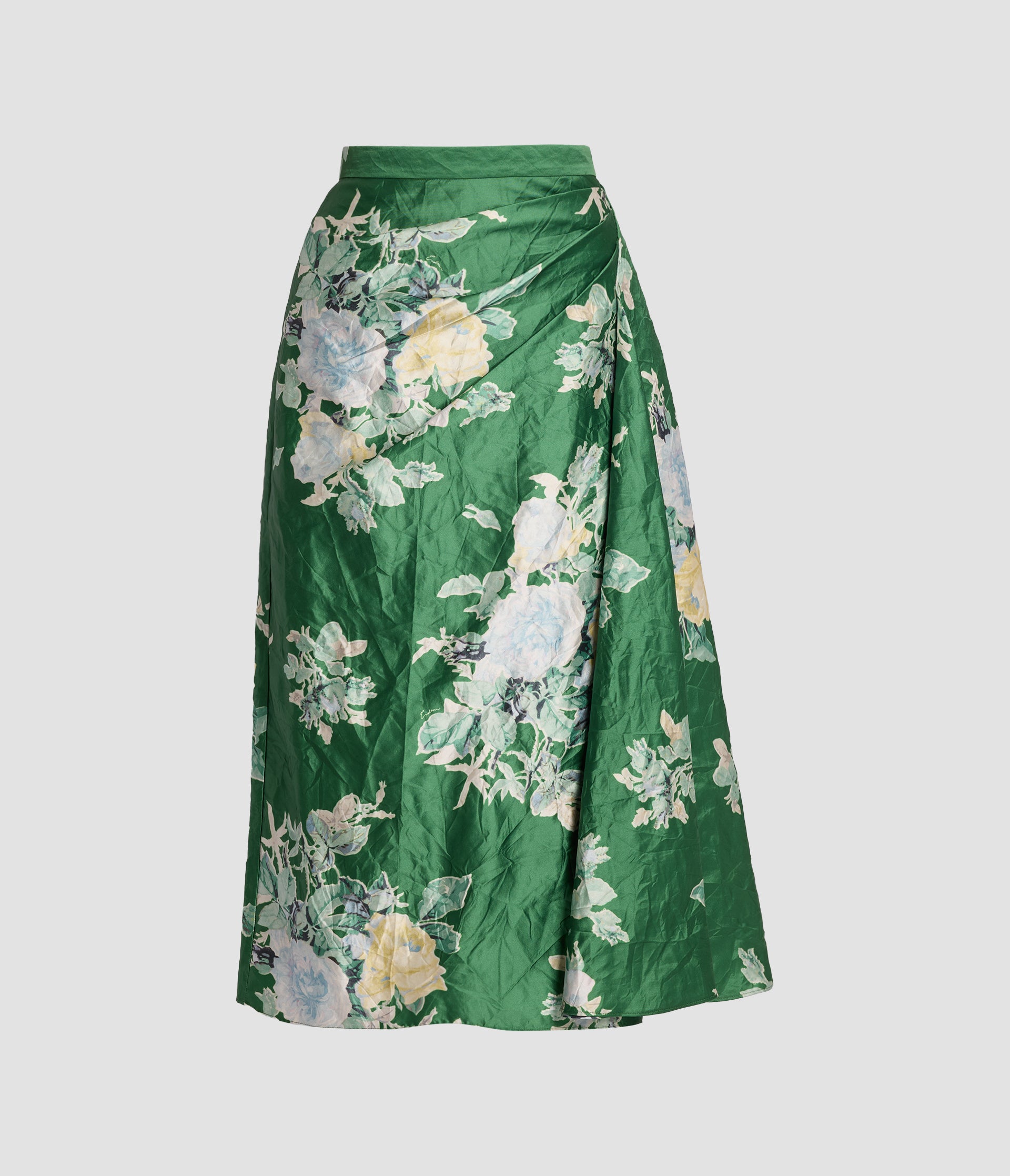 Floral Print Textured Satin Draped Midi Skirt