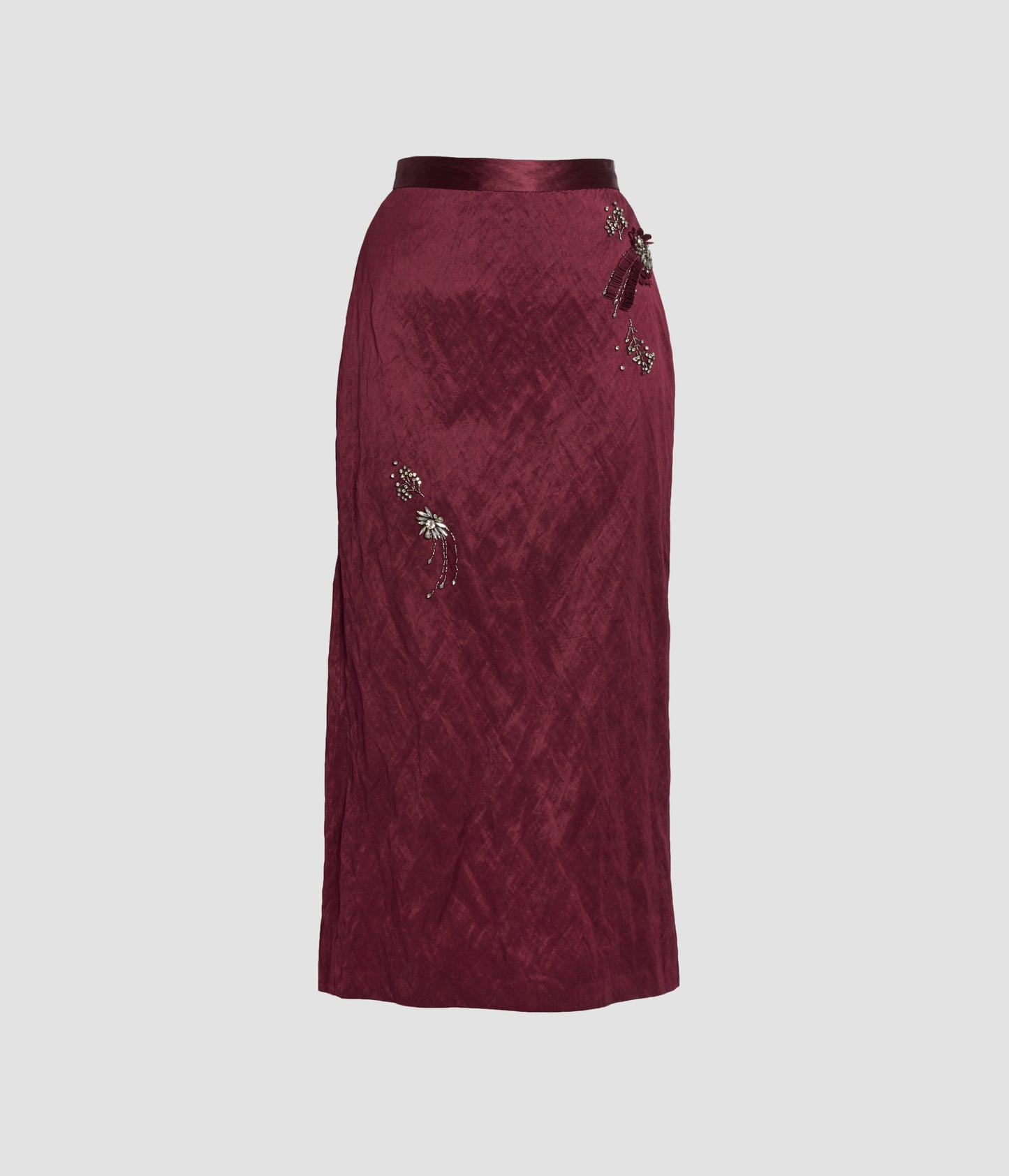 Embroidered Textured Satin Midi Skirt