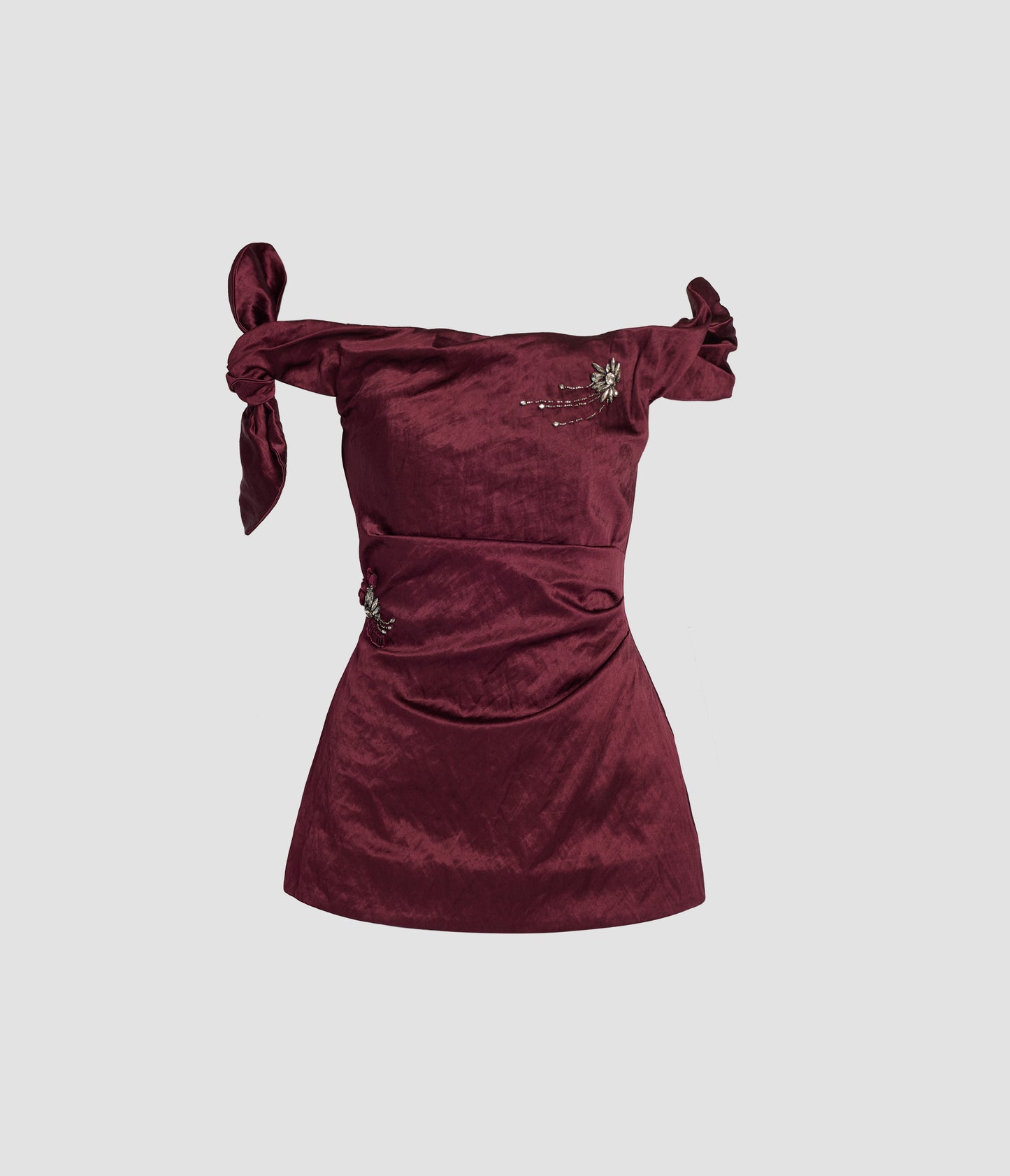 Embroidered Textured Satin Off-the-Shoulder Top
