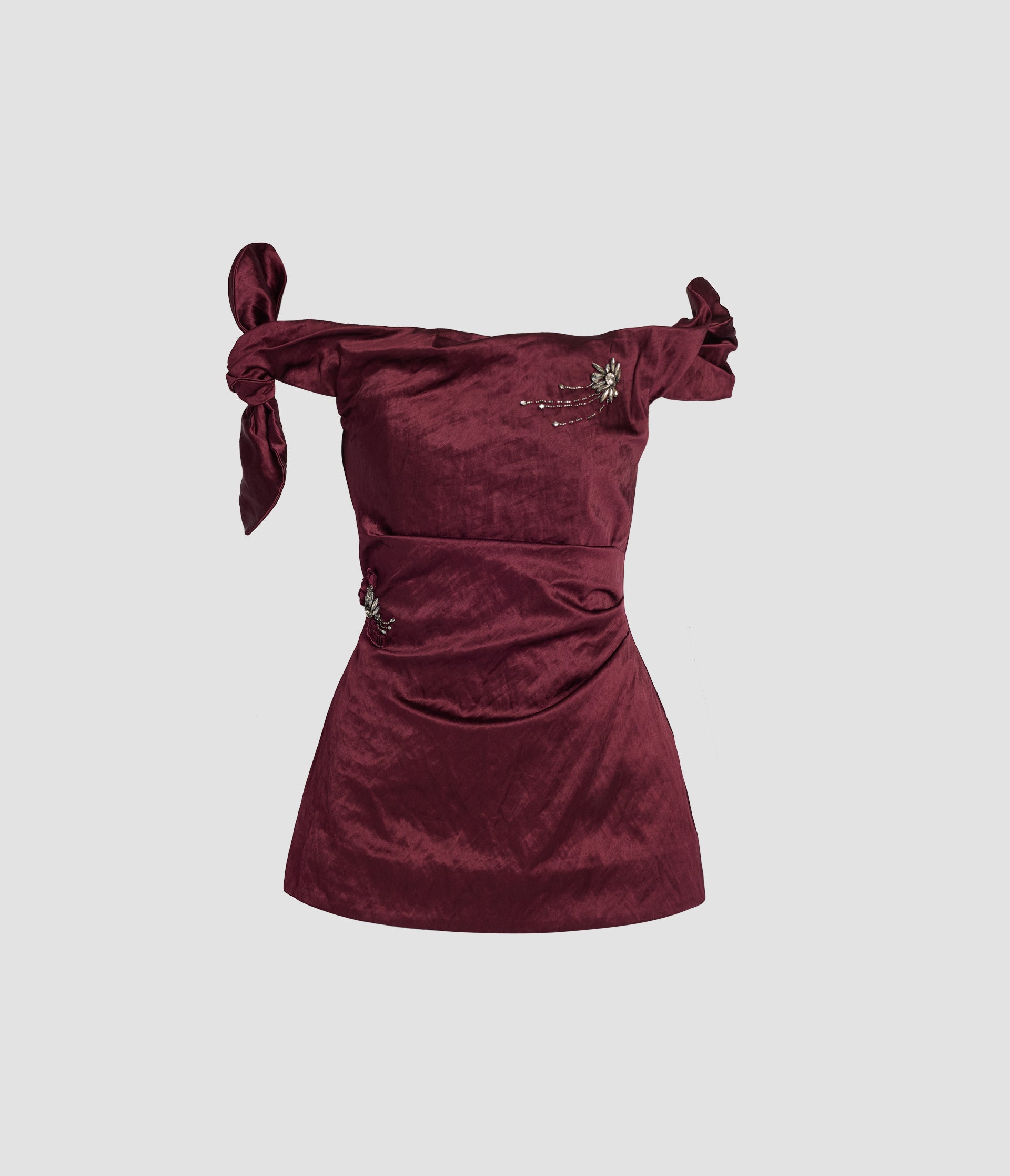 Embroidered Textured Satin Off-the-Shoulder Top