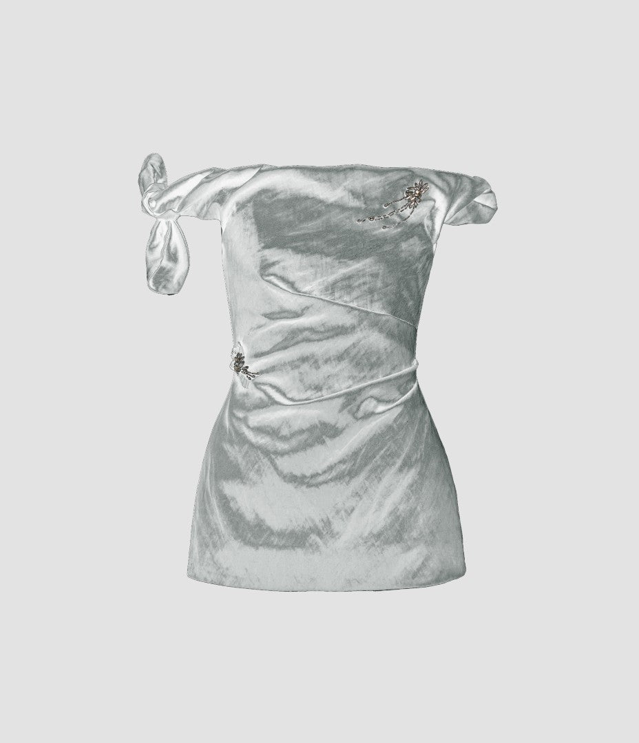 Embroidered Textured Satin Off-the-Shoulder Top