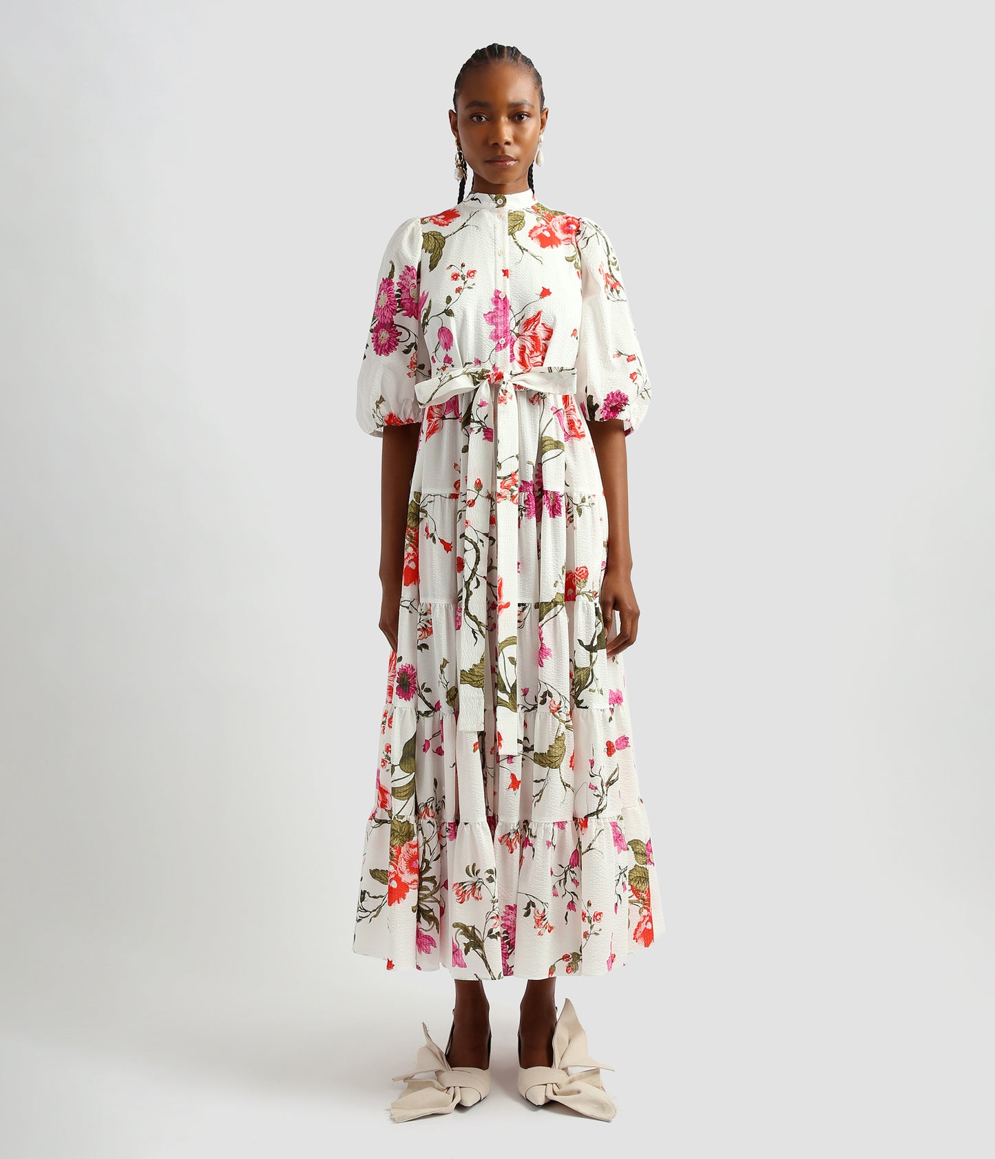 Full Length Tiered Dress With Volume Sleeves