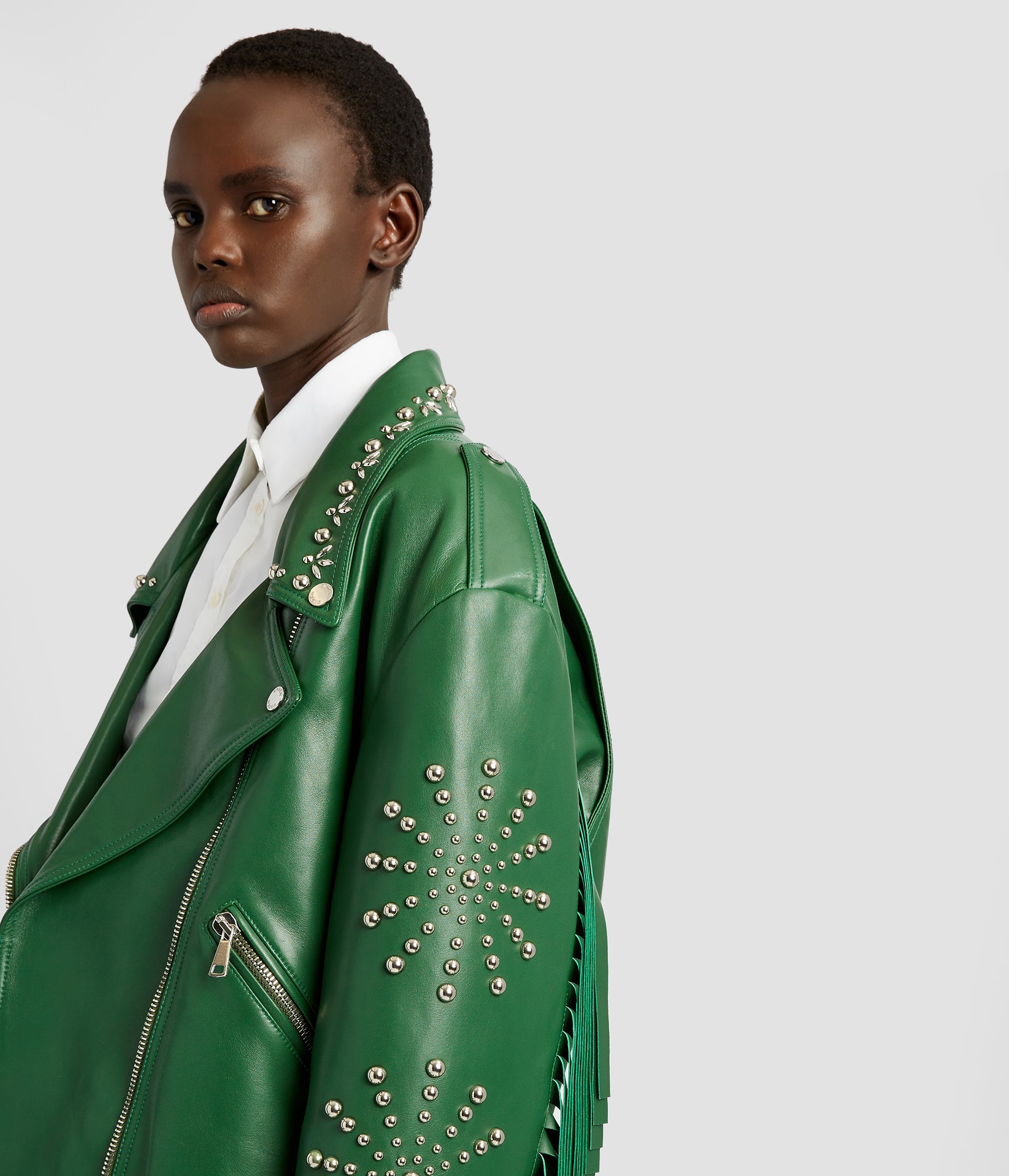 Green Leather Oversized Biker Jacket | ERDEM® Official Store