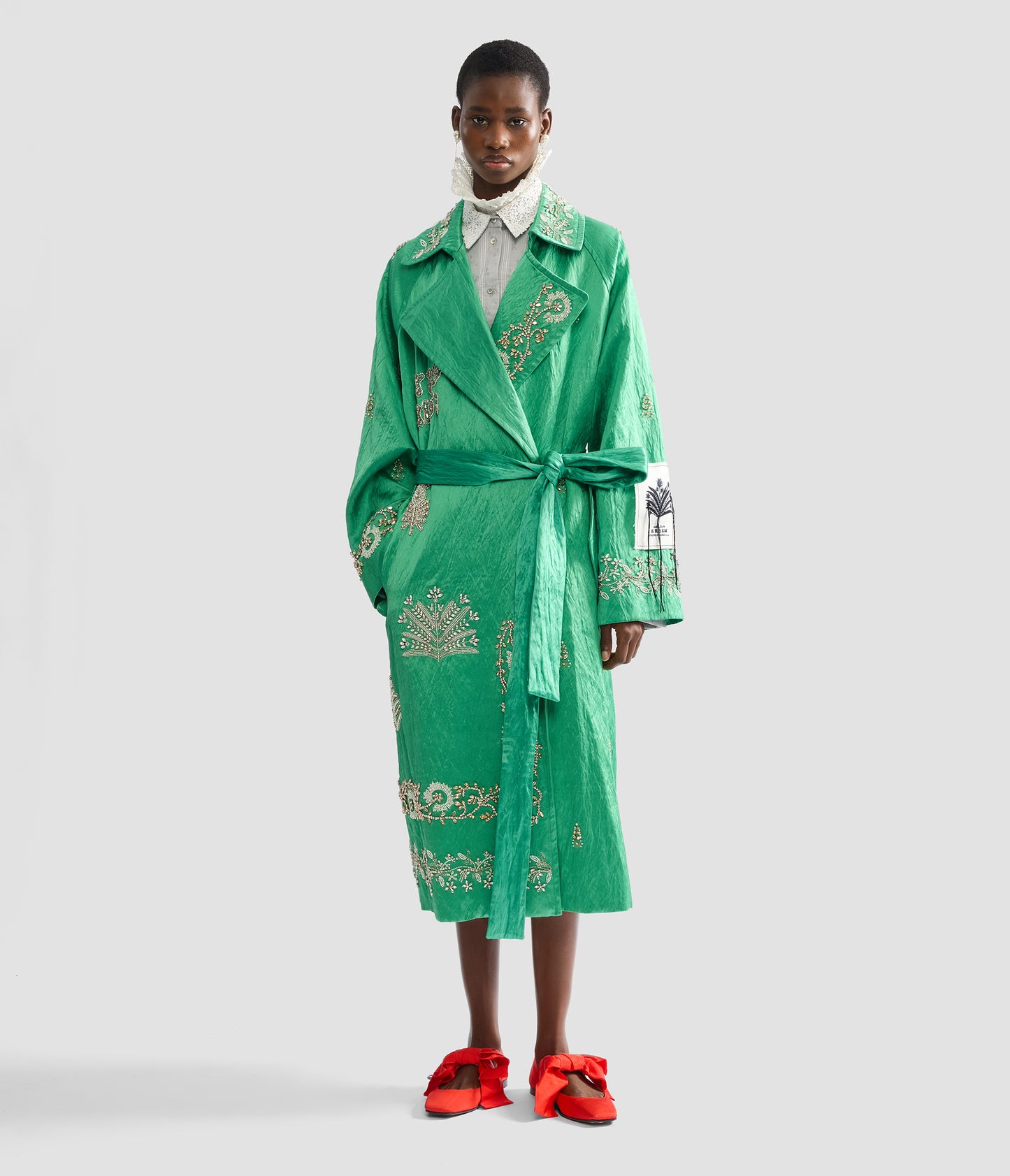 Embellished Textured Satin Trench Coat