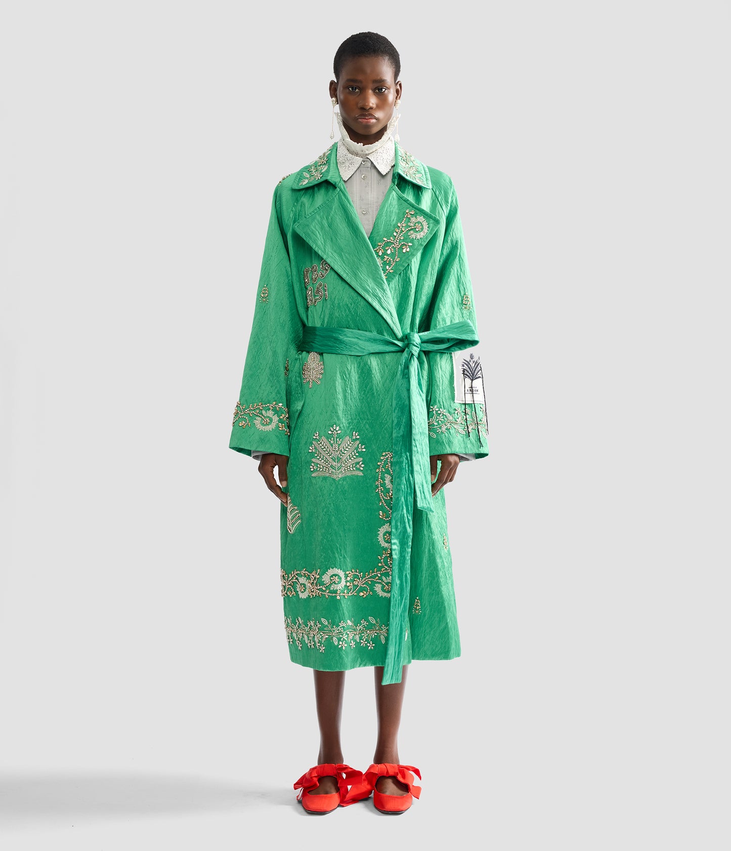Embellished Textured Satin Trench Coat