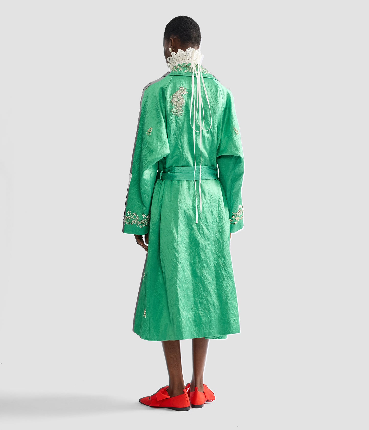 Embellished Textured Satin Trench Coat