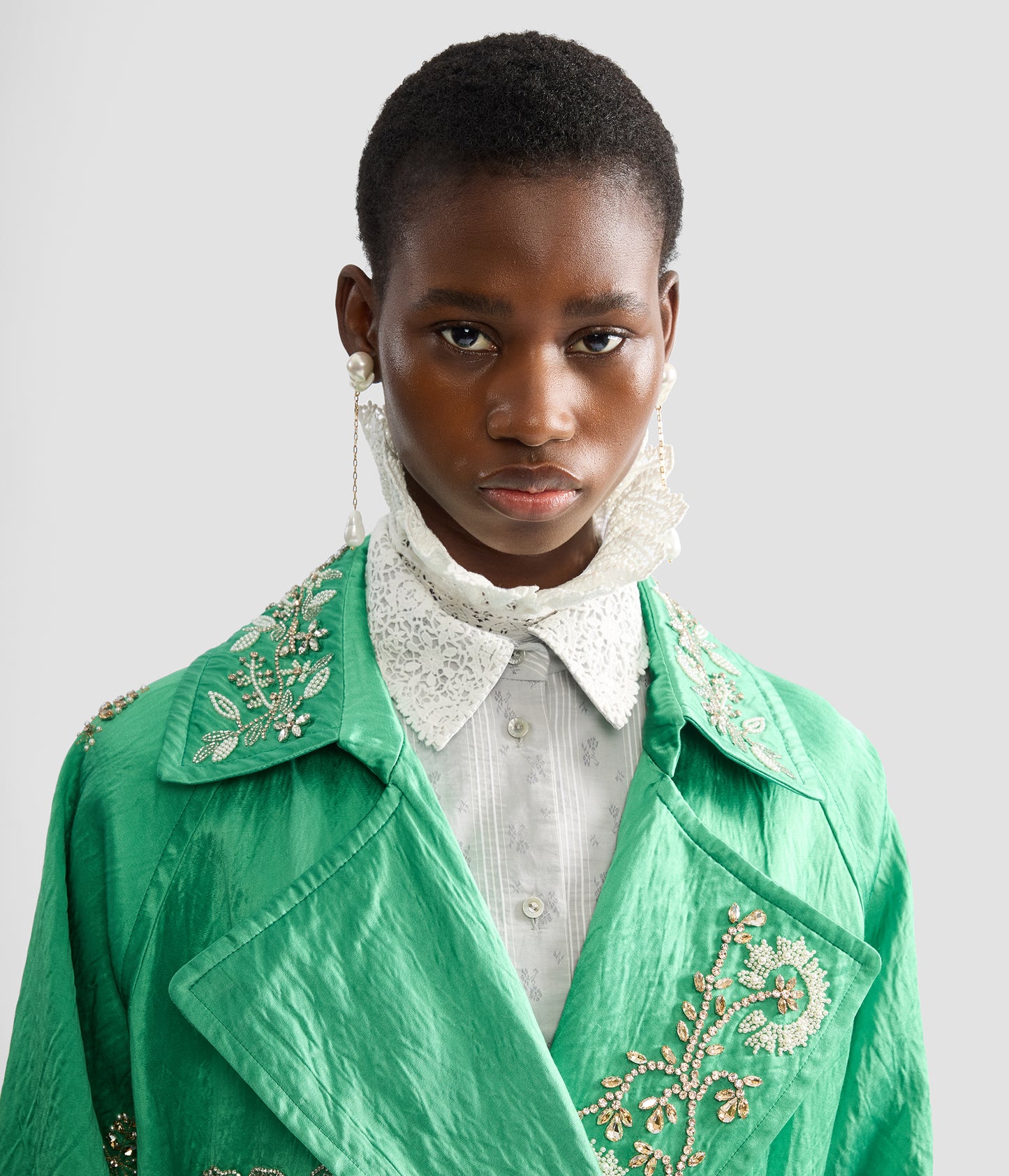 Embellished Textured Satin Trench Coat