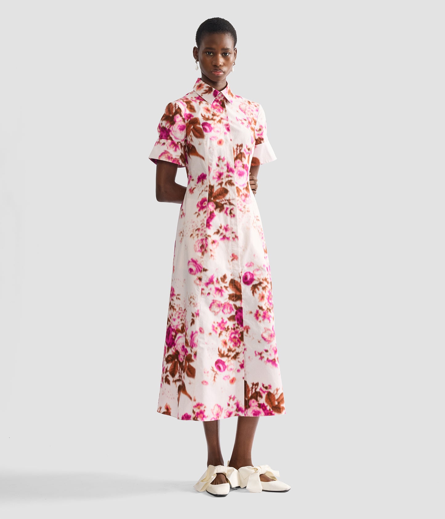 Floral Print Cotton Midi Shirt Dress