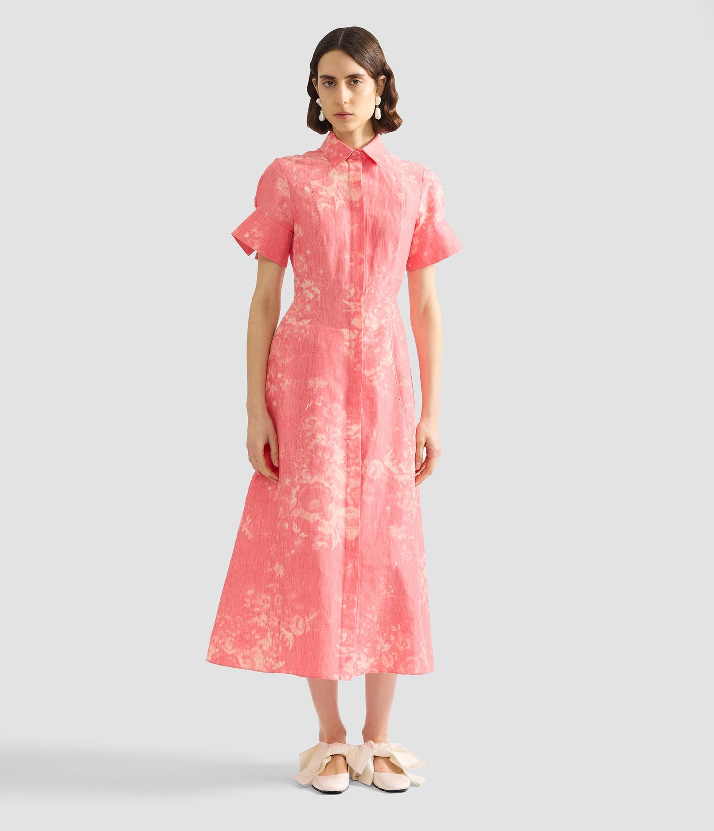 Floral Print Linen Chine Midi Shirt Dress