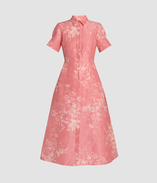 Floral Print Linen Chine Midi Shirt Dress