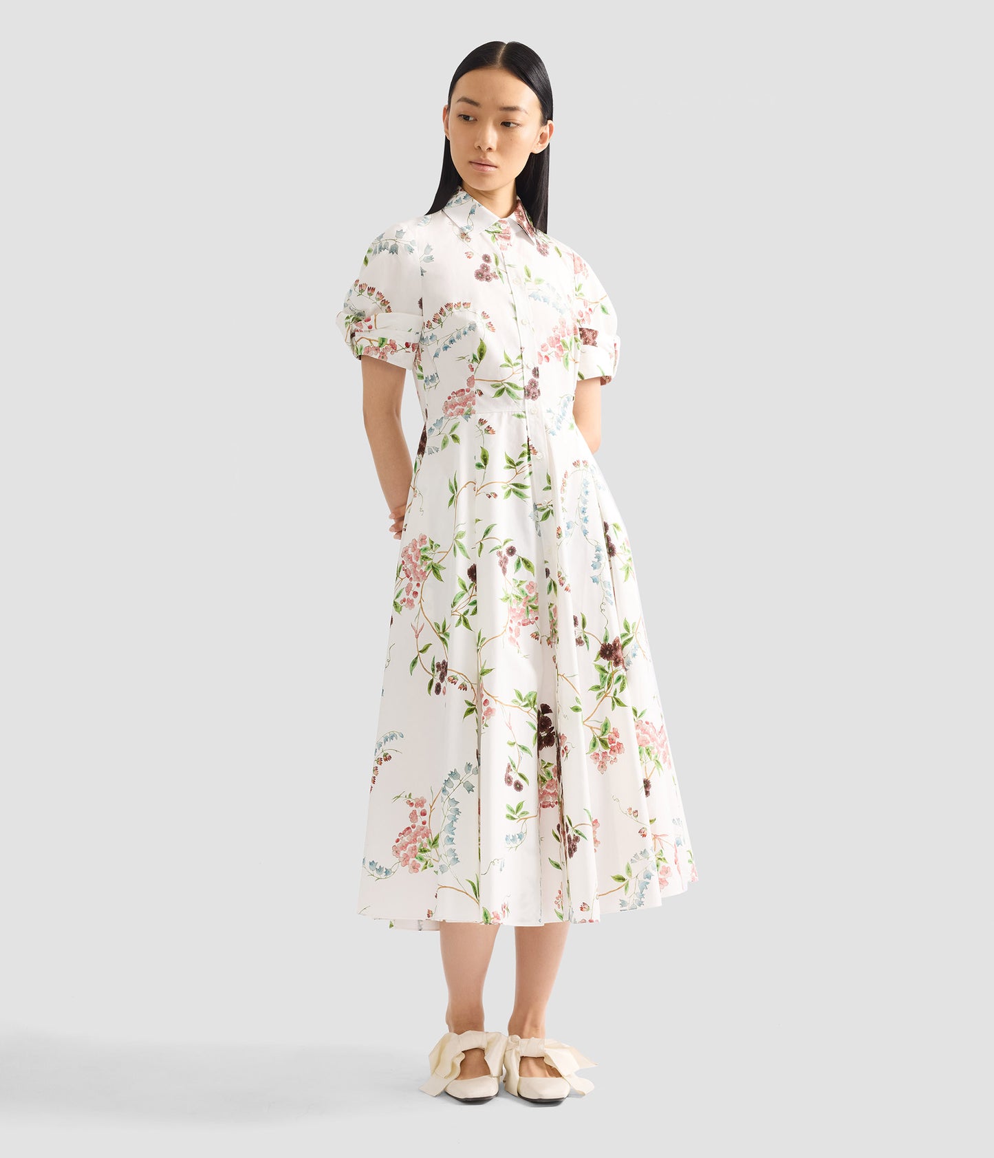 Floral Print Cotton Midi Shirt Dress