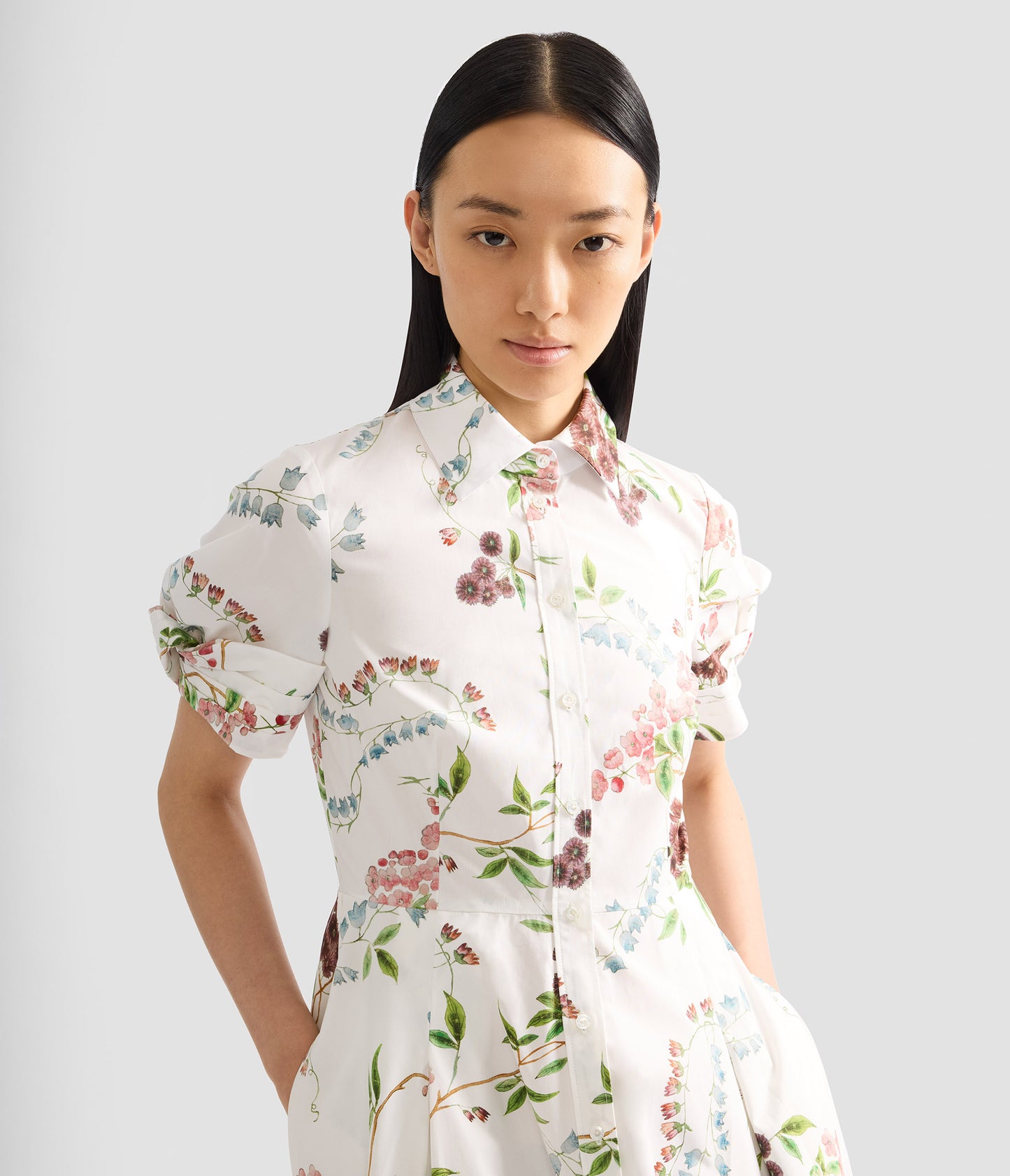 Floral Print Cotton Midi Shirt Dress