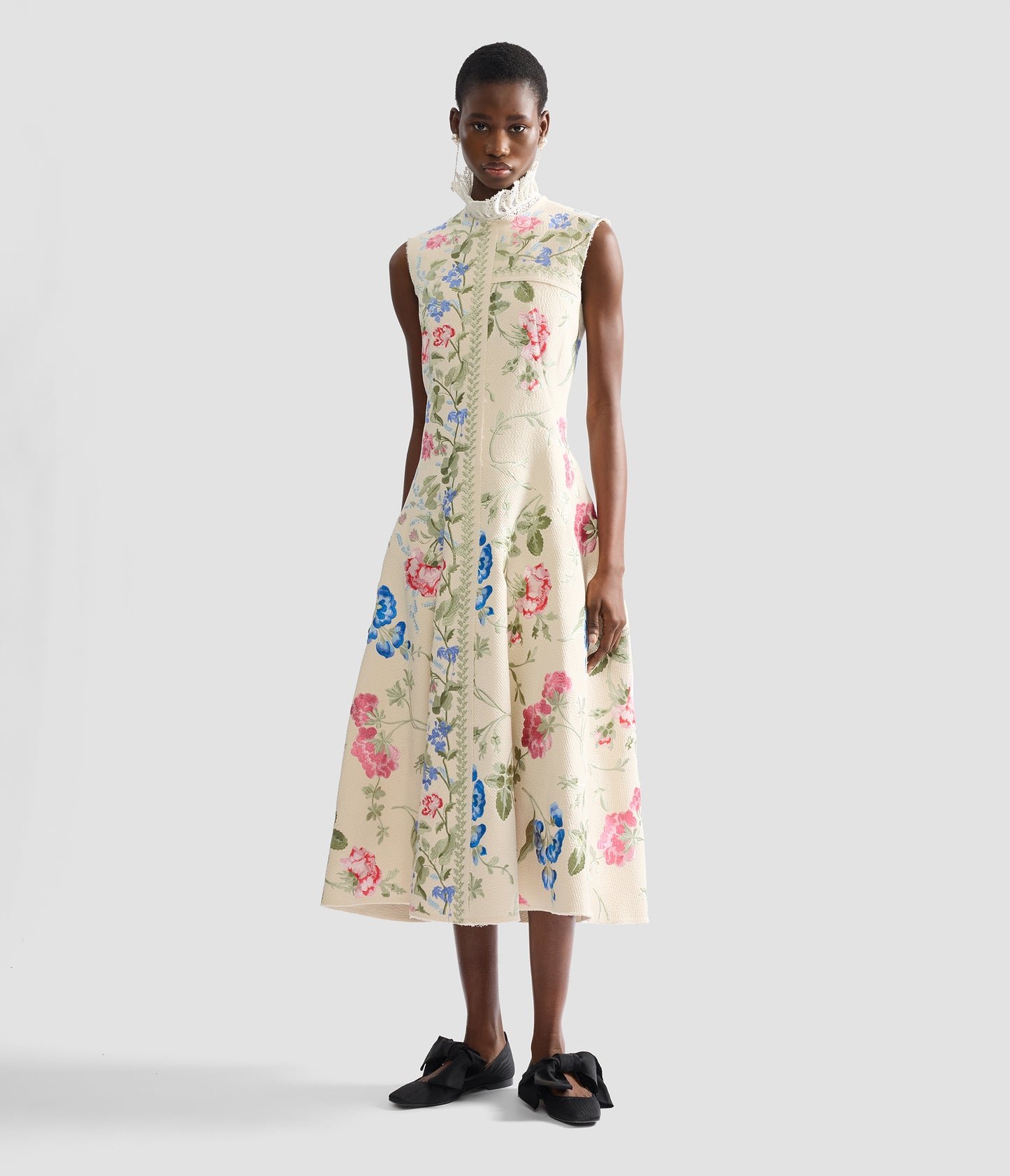 Embroidered Cotton Twill Hourglass Midi Dress