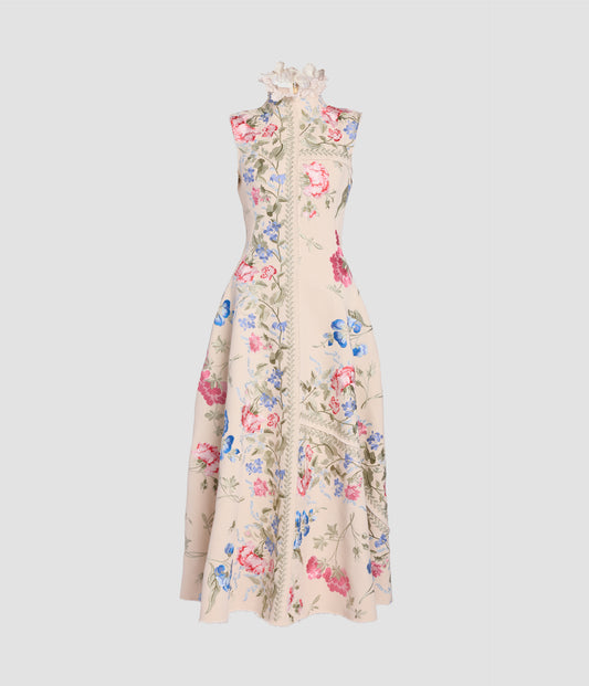 Embroidered Cotton Twill Hourglass Midi Dress