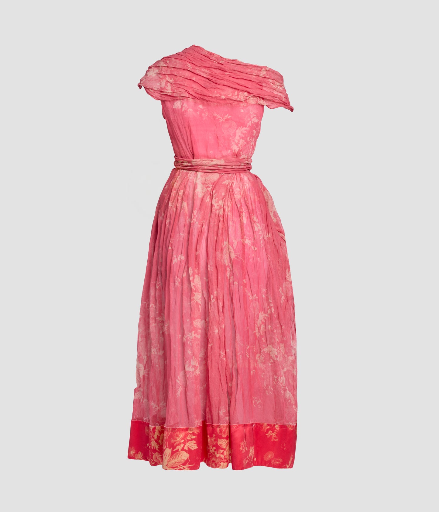 Floral Print Organza Cloque Draped Midi Dress