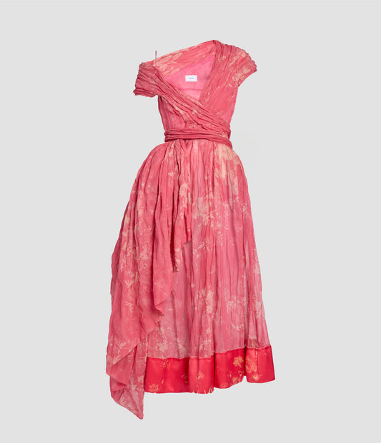 Floral Print Organza Cloque Draped Midi Dress