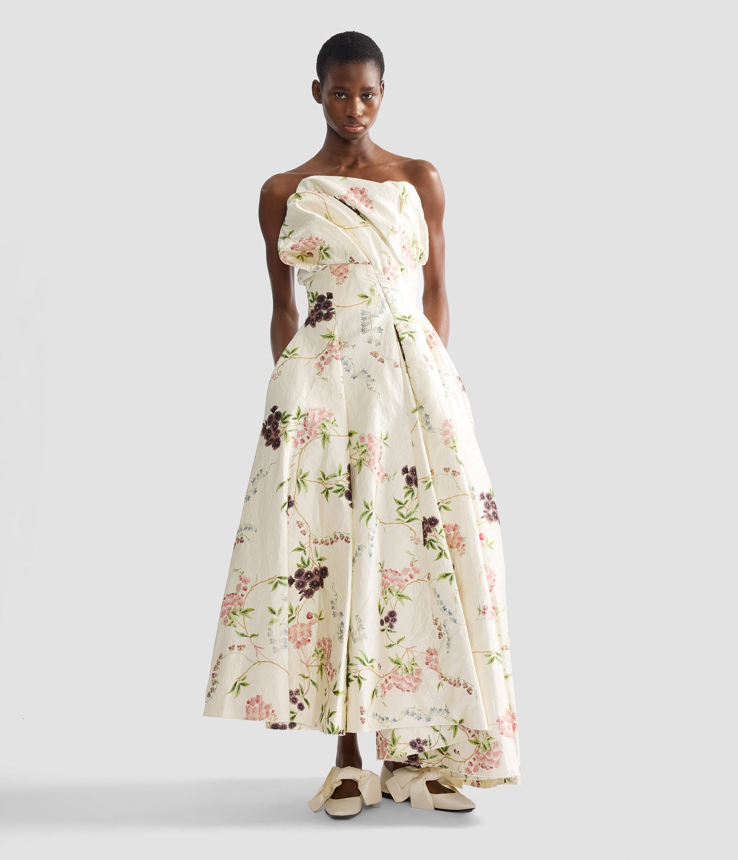 Floral Print Textured Satin Cloud Midi Dress
