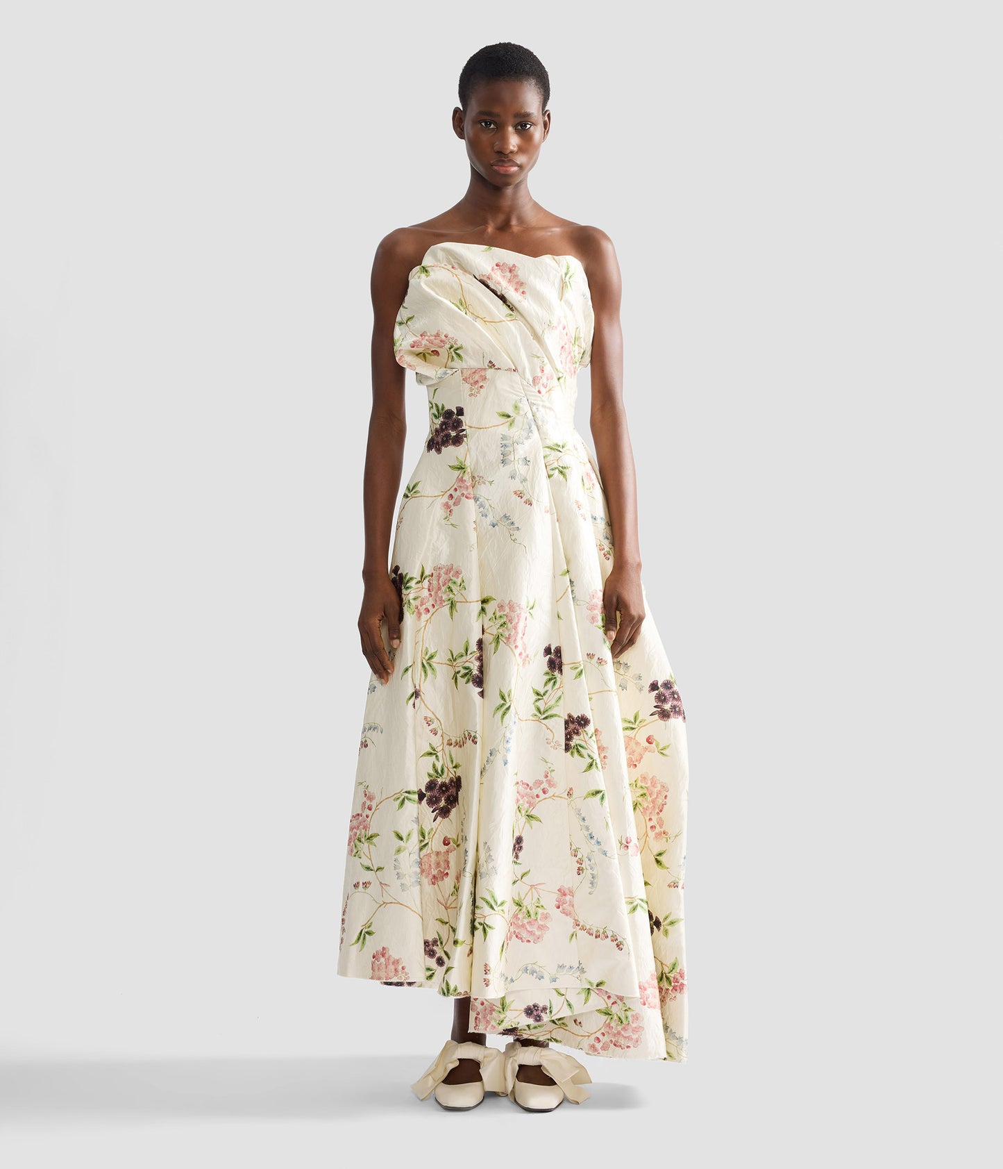 Floral Print Textured Satin Cloud Midi Dress