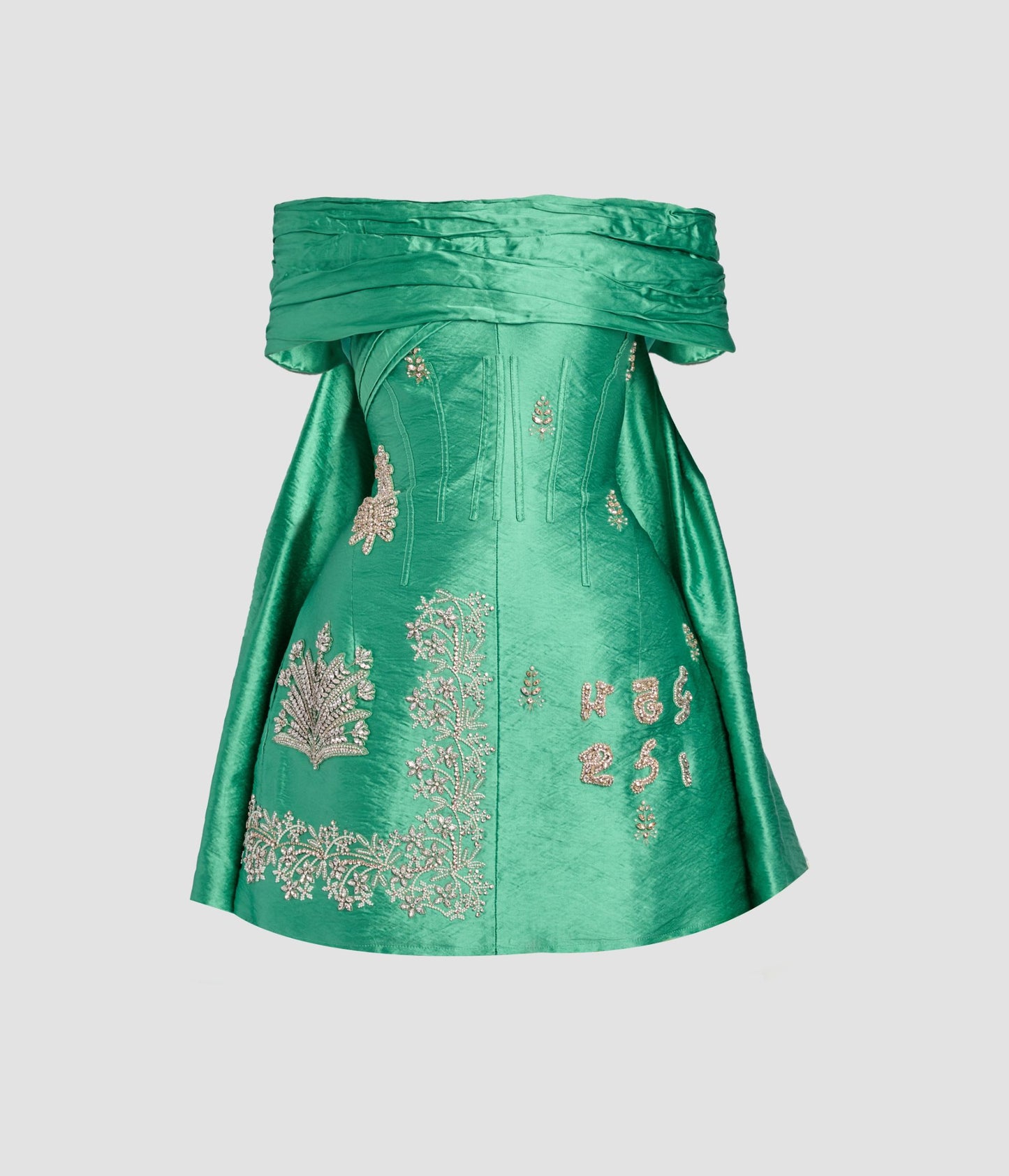 Embellished Textured Satin Off Shoulder Mini Dress