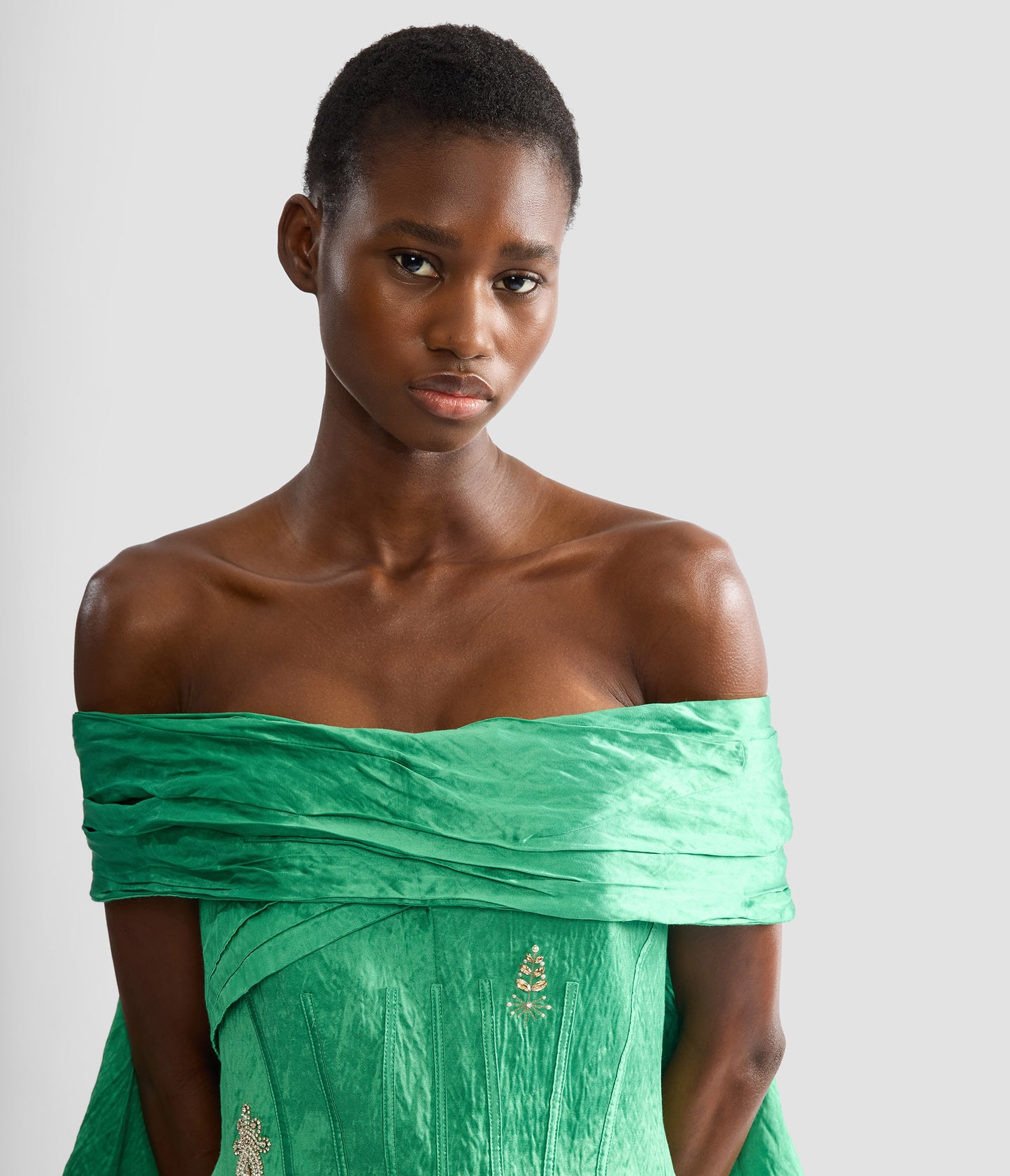 Embellished Textured Satin Off Shoulder Mini Dress