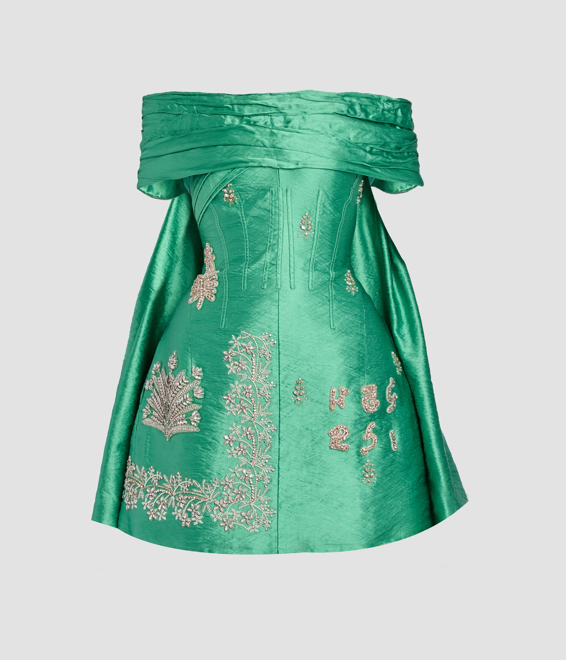 Embellished Textured Satin Off Shoulder Mini Dress