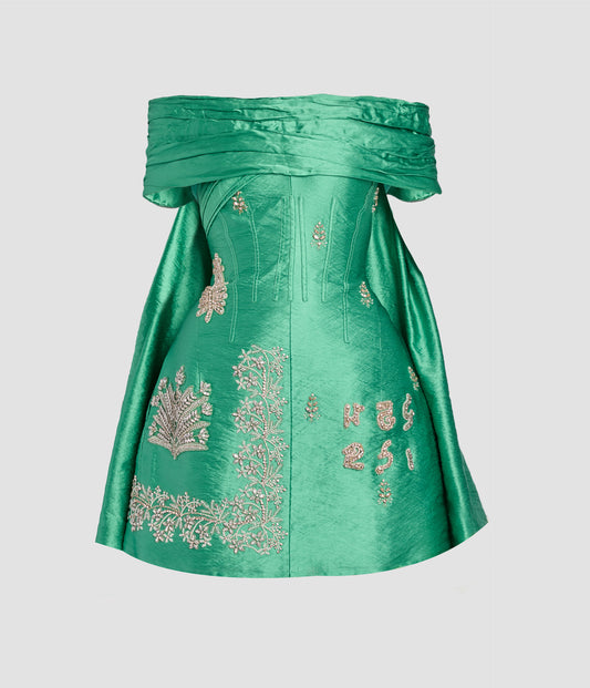 Embellished Textured Satin Off Shoulder Mini Dress