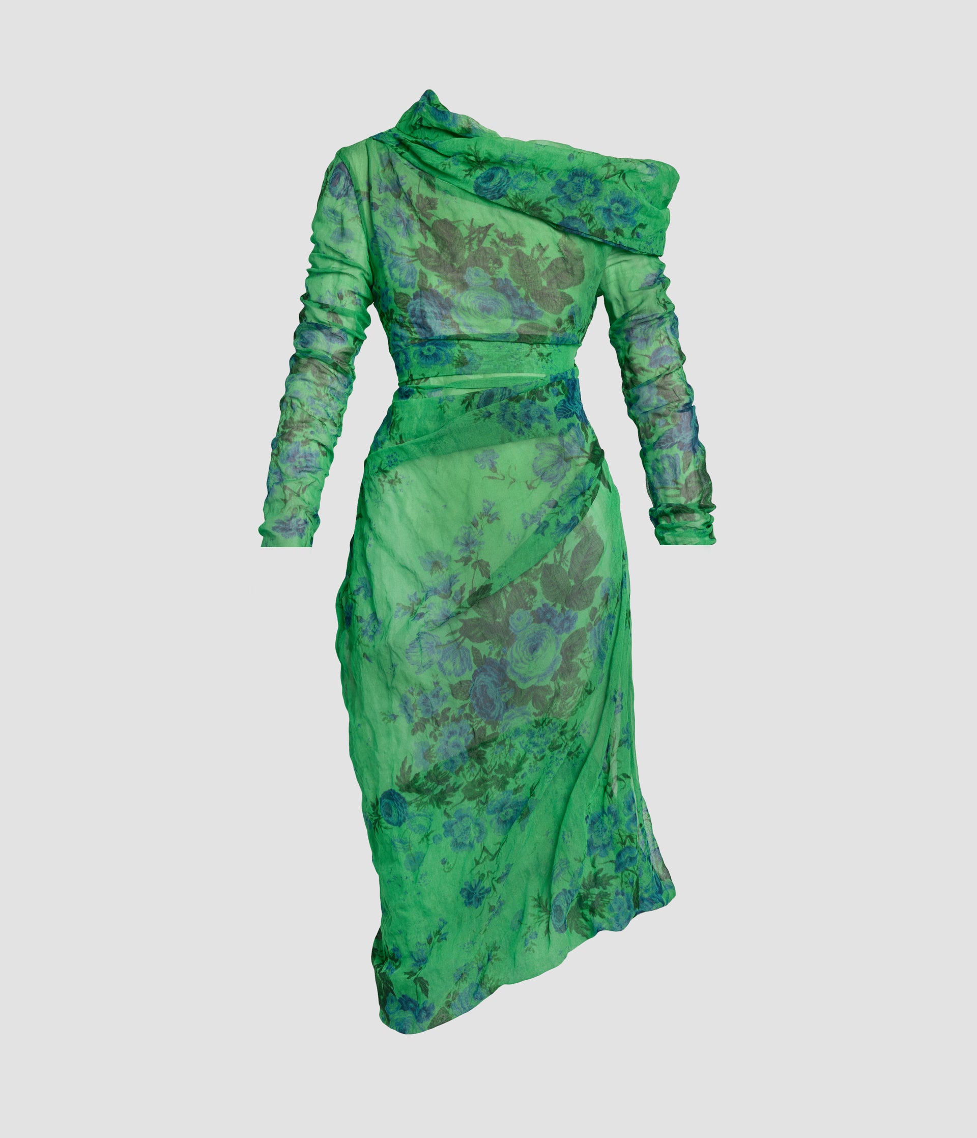 Floral Print Organza Cloque Draped Midi Dress