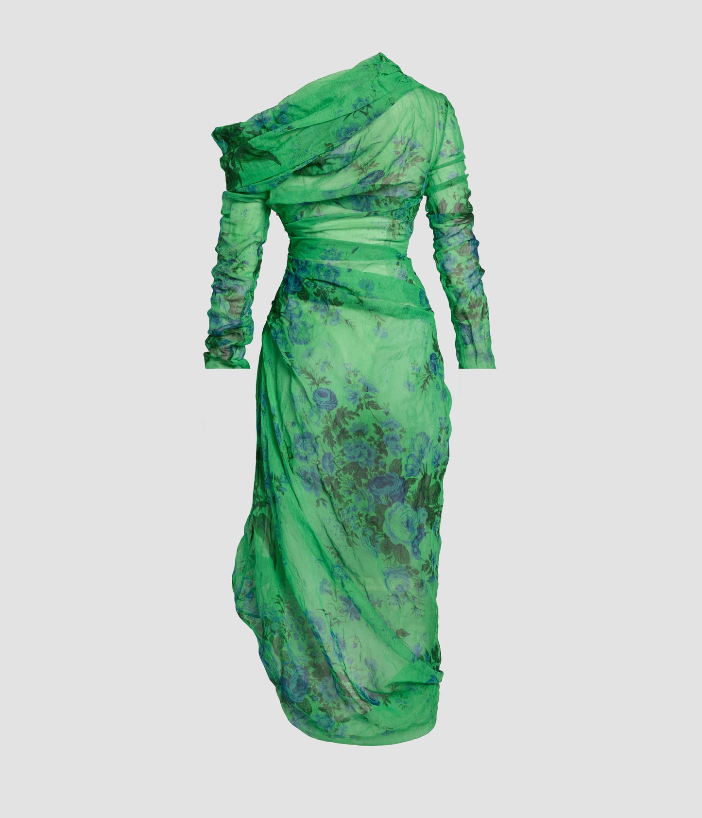 Floral Print Organza Cloque Draped Midi Dress