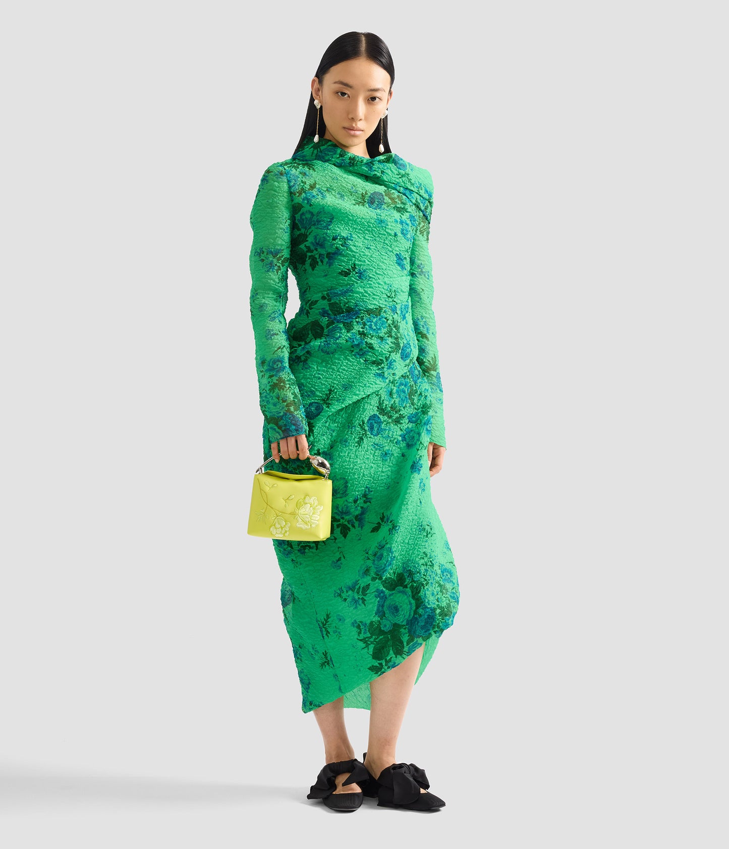 Floral Print Organza Cloque Draped Midi Dress