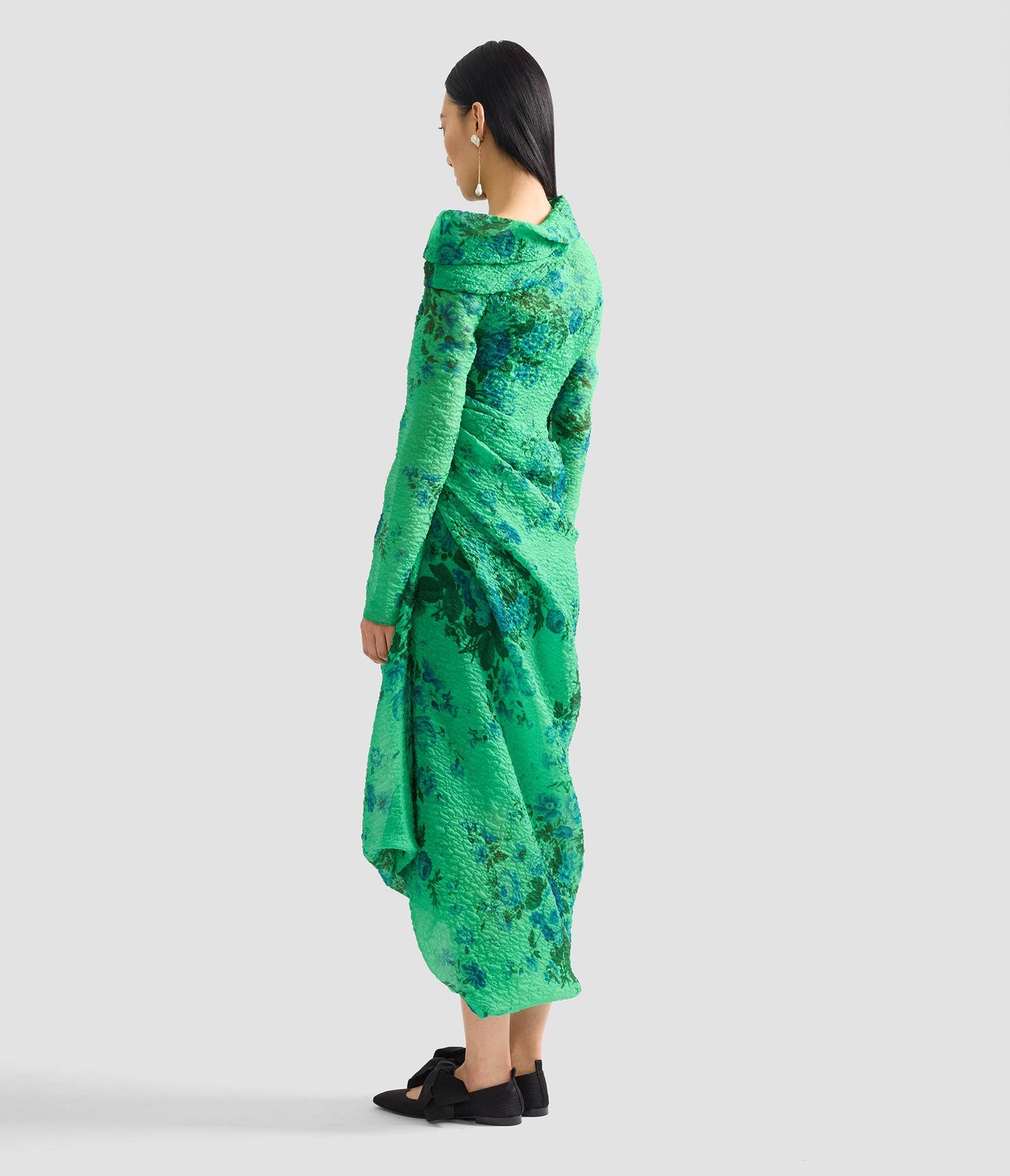 Floral Print Organza Cloque Draped Midi Dress