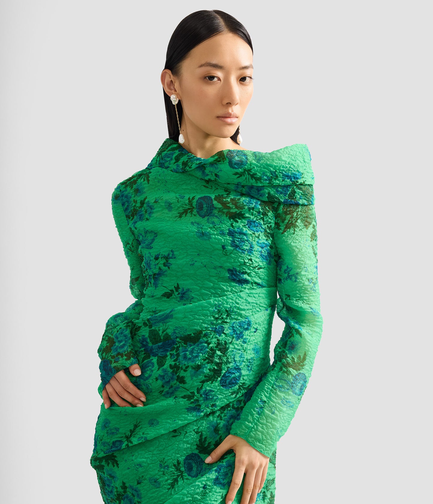 slim fit dress slacks Floral Print Organza Cloque Draped Midi Dress