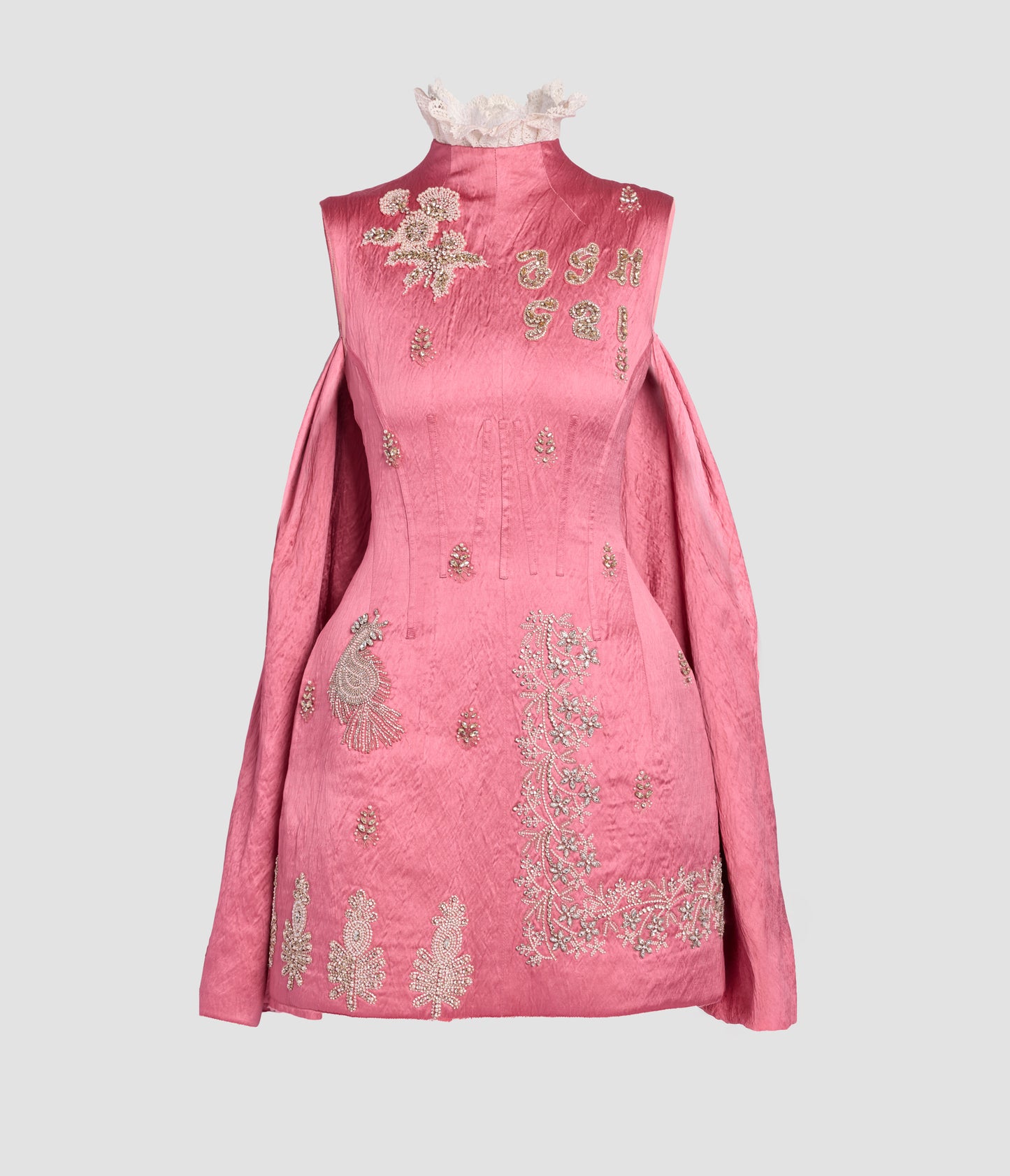 Embellished Textured Satin Hourglass Mini Dress