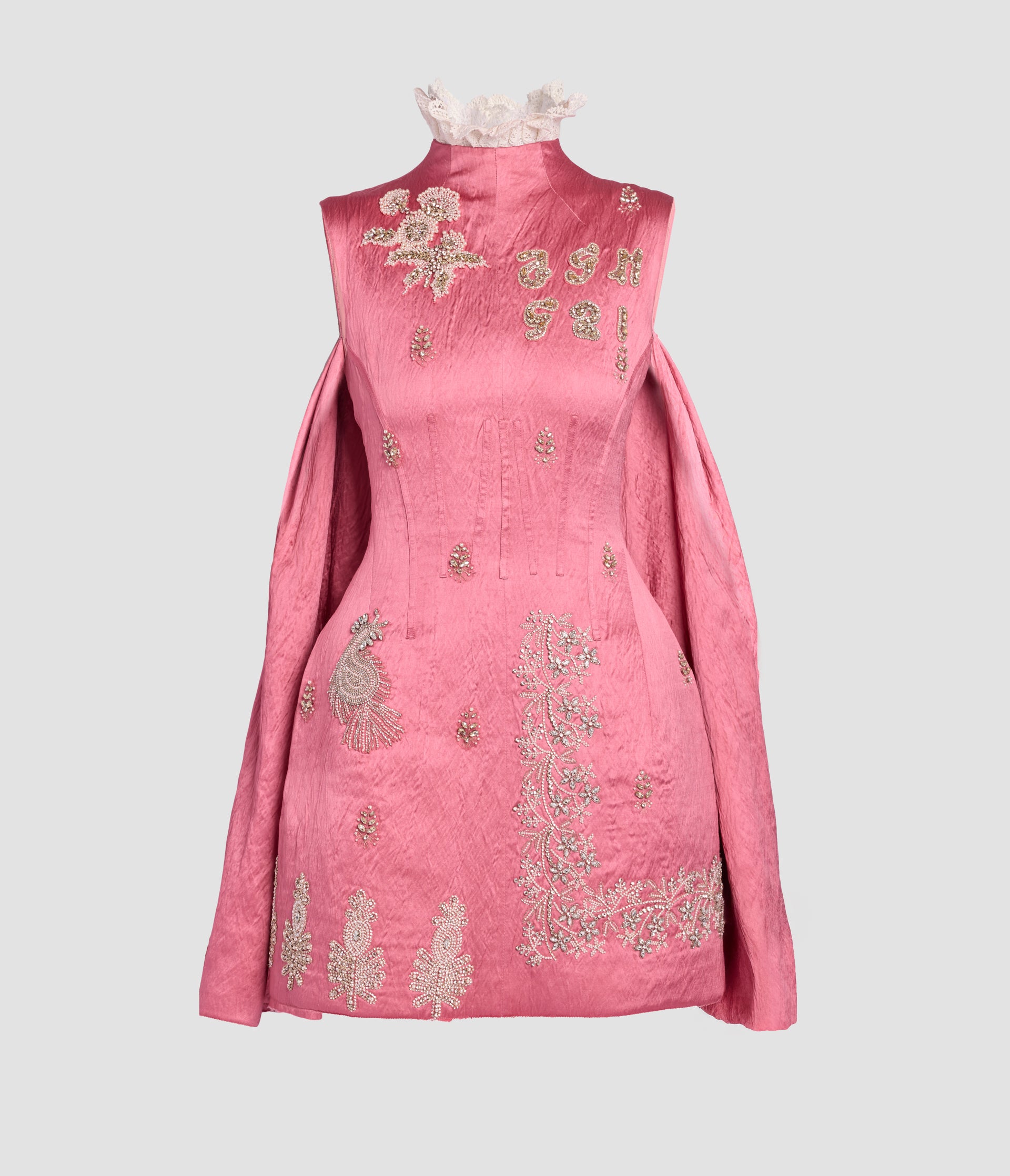 Embellished Textured Satin Hourglass Mini Dress