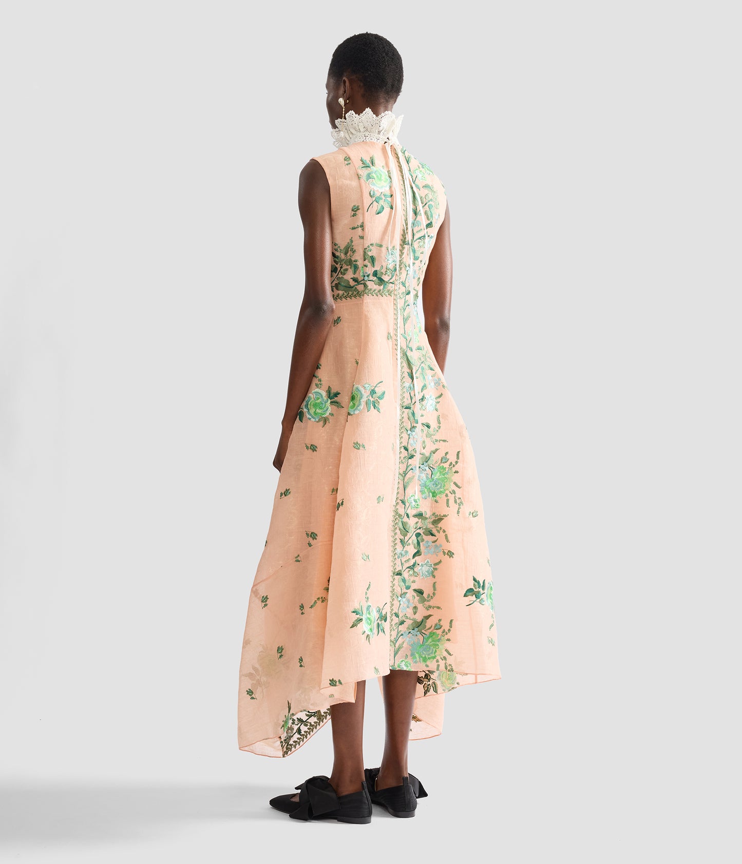 Embroidered Organza Draped Midi Dress
