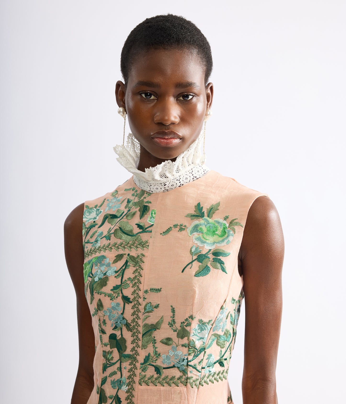 Embroidered Organza Draped Midi Dress