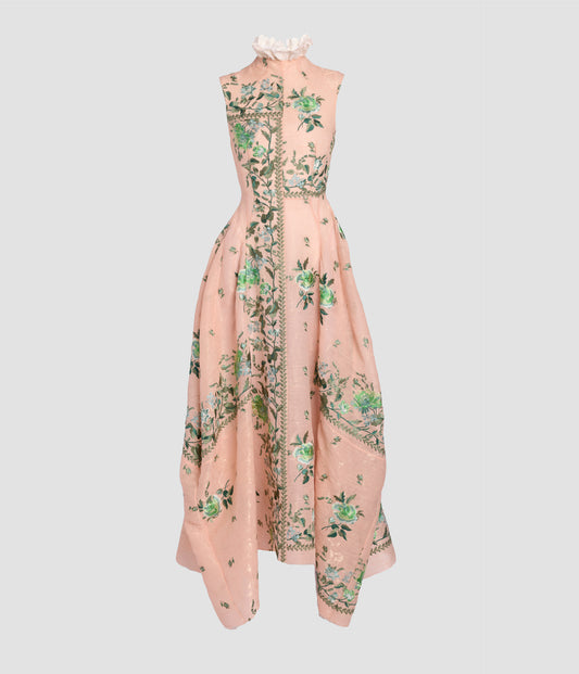 Embroidered Organza Draped Midi Dress