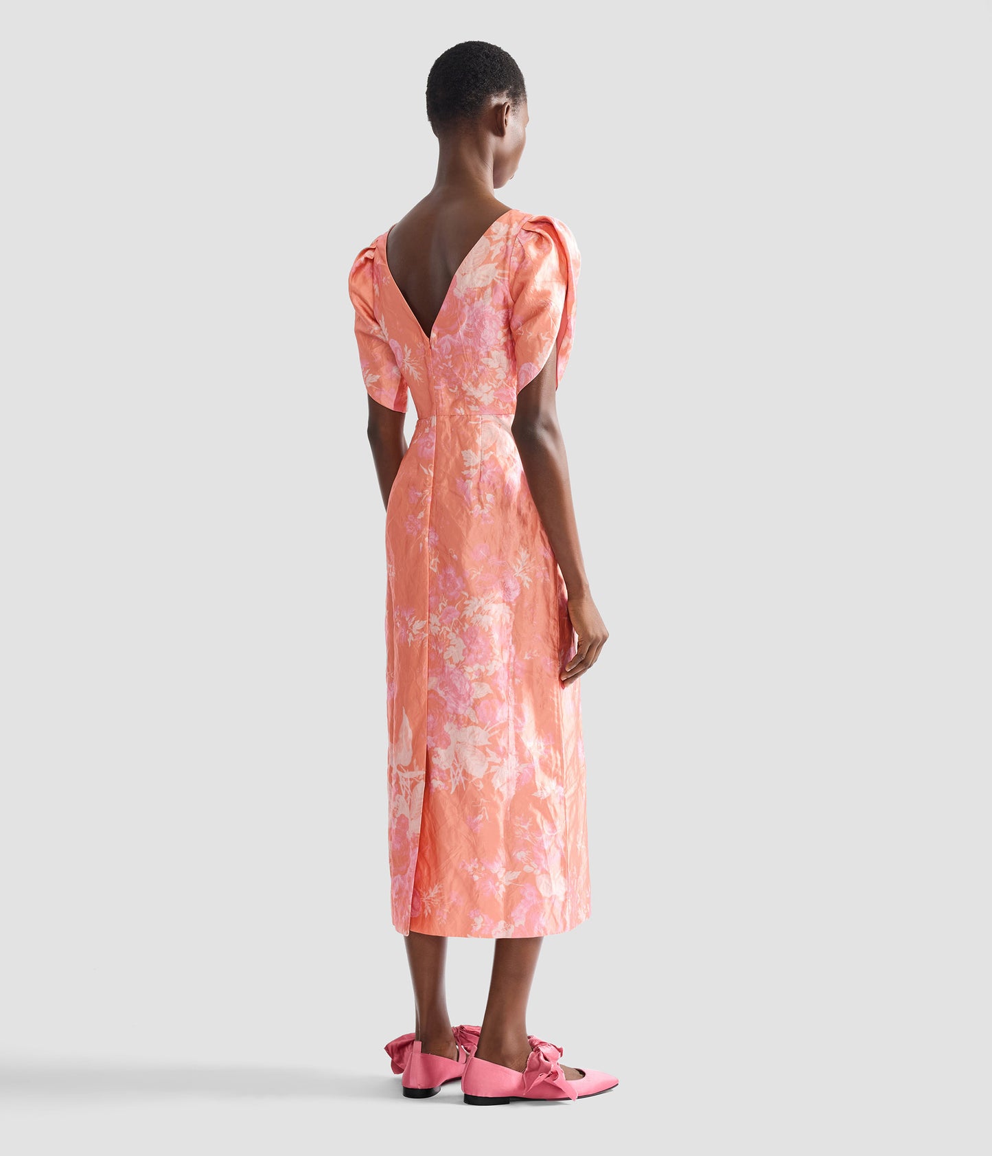 Floral Print Textured Satin Midi Pencil Dress