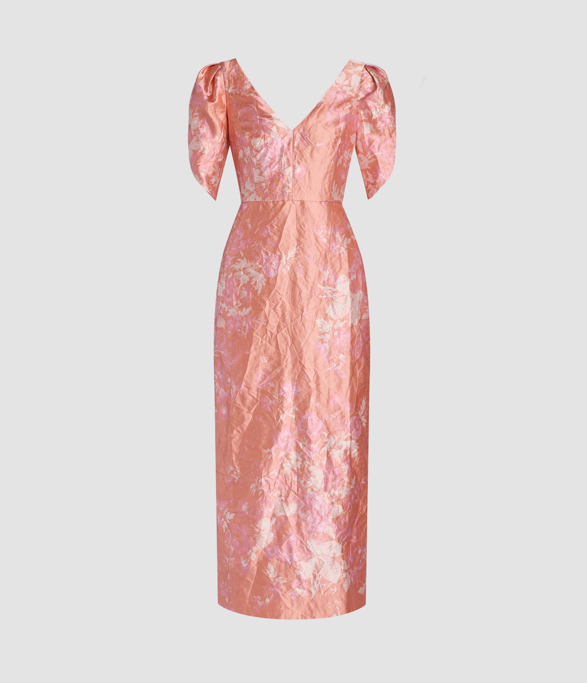 Floral Print Textured Satin Midi Pencil Dress