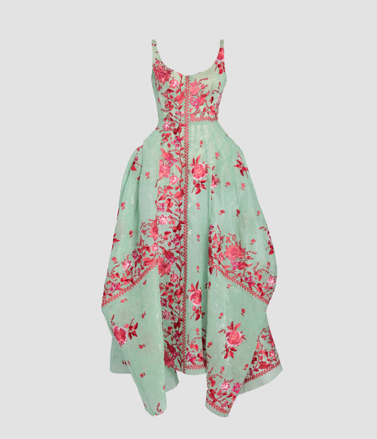 Embroidered Organza Draped Midi Dress