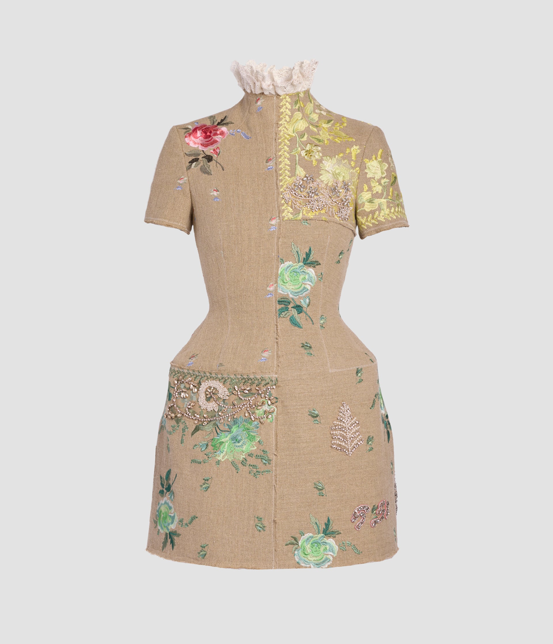 Embroidered Linen Hourglass Mini Dress