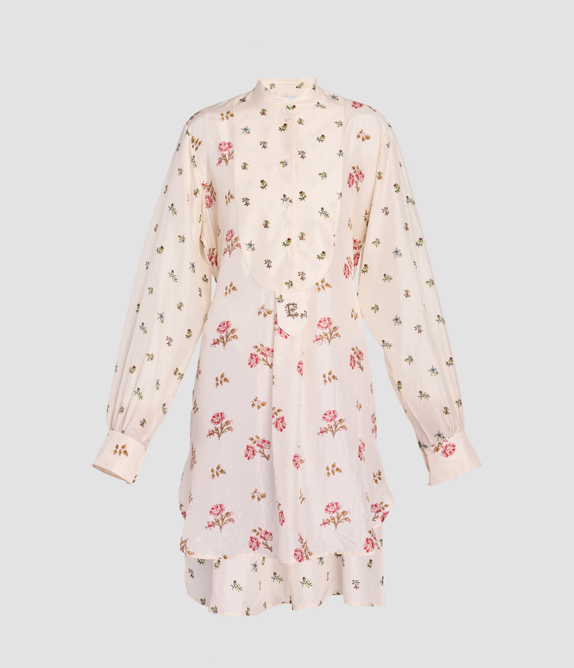 Floral Print Silk Long Sleeve Mini Shirt Dress