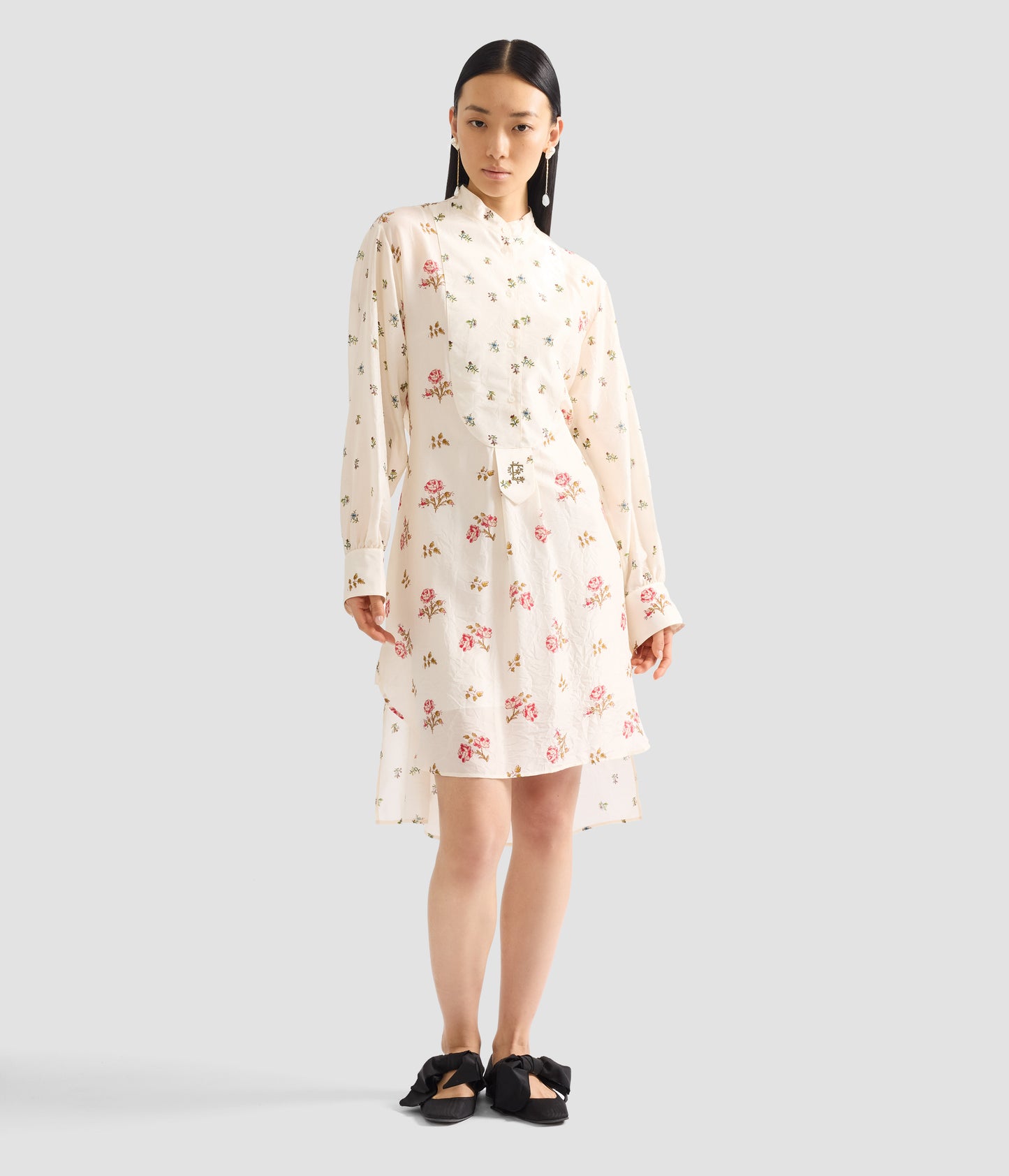 Floral Print Silk Long Sleeve Mini Shirt Dress