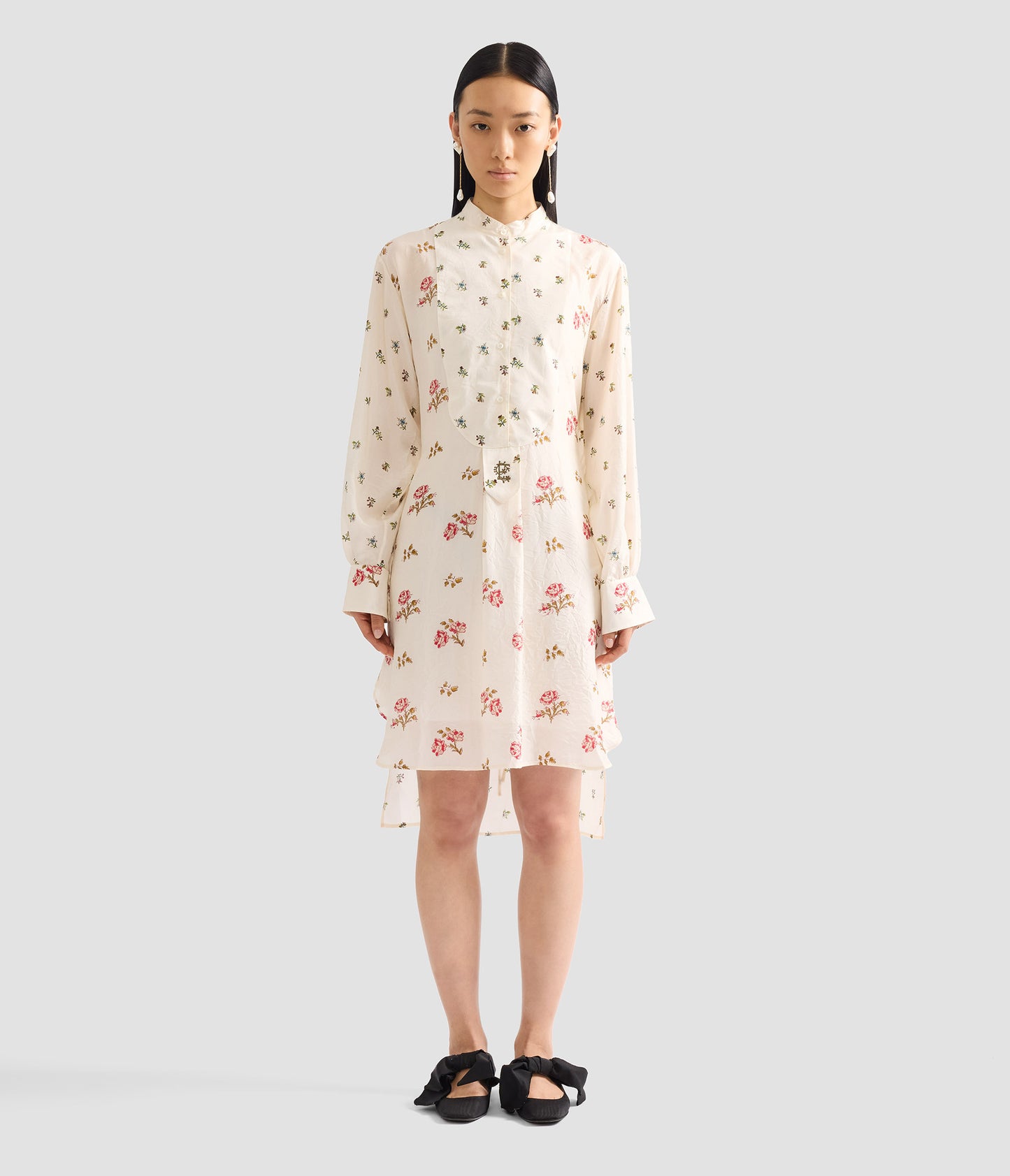 Floral Print Silk Long Sleeve Mini Shirt Dress