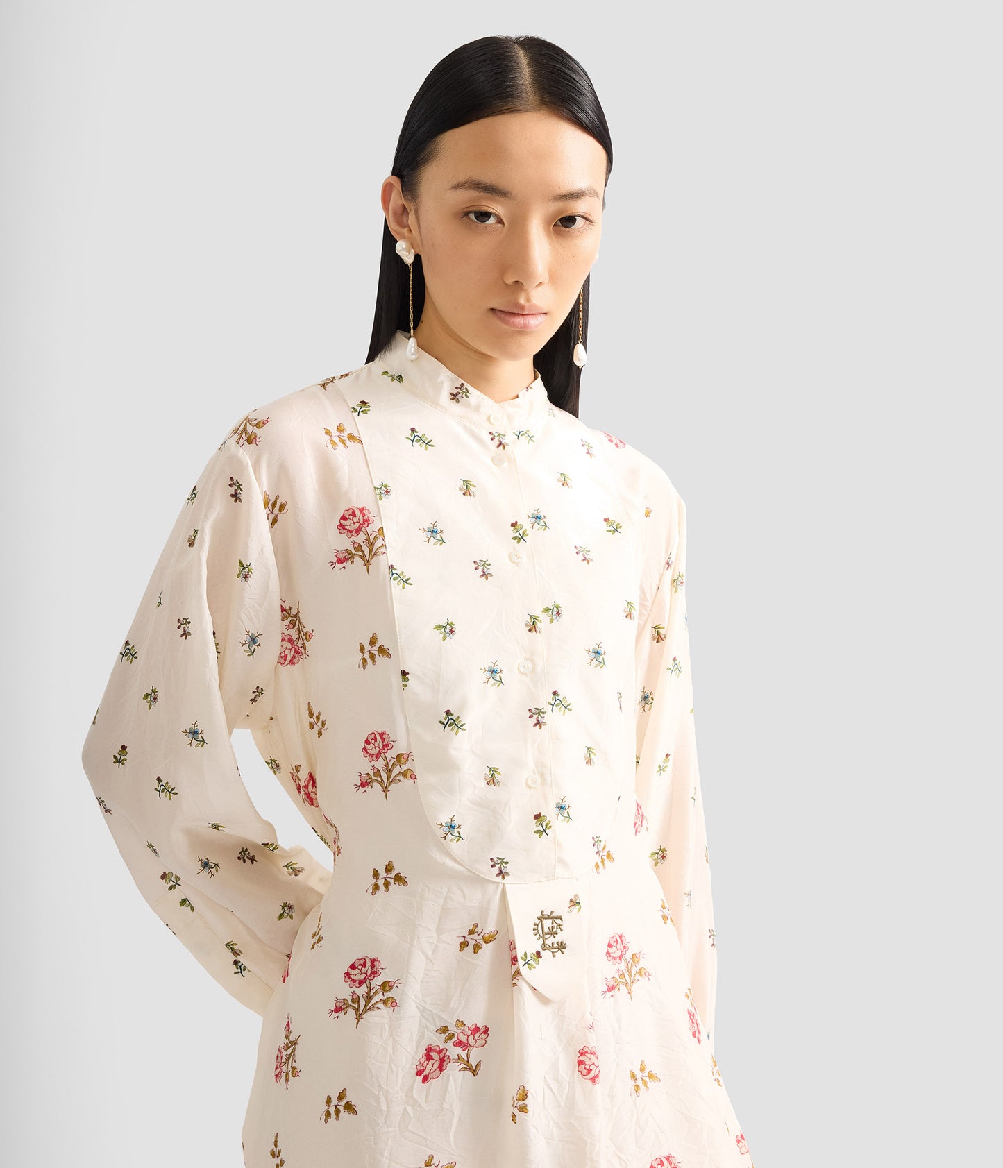Floral Print Silk Long Sleeve Mini Shirt Dress