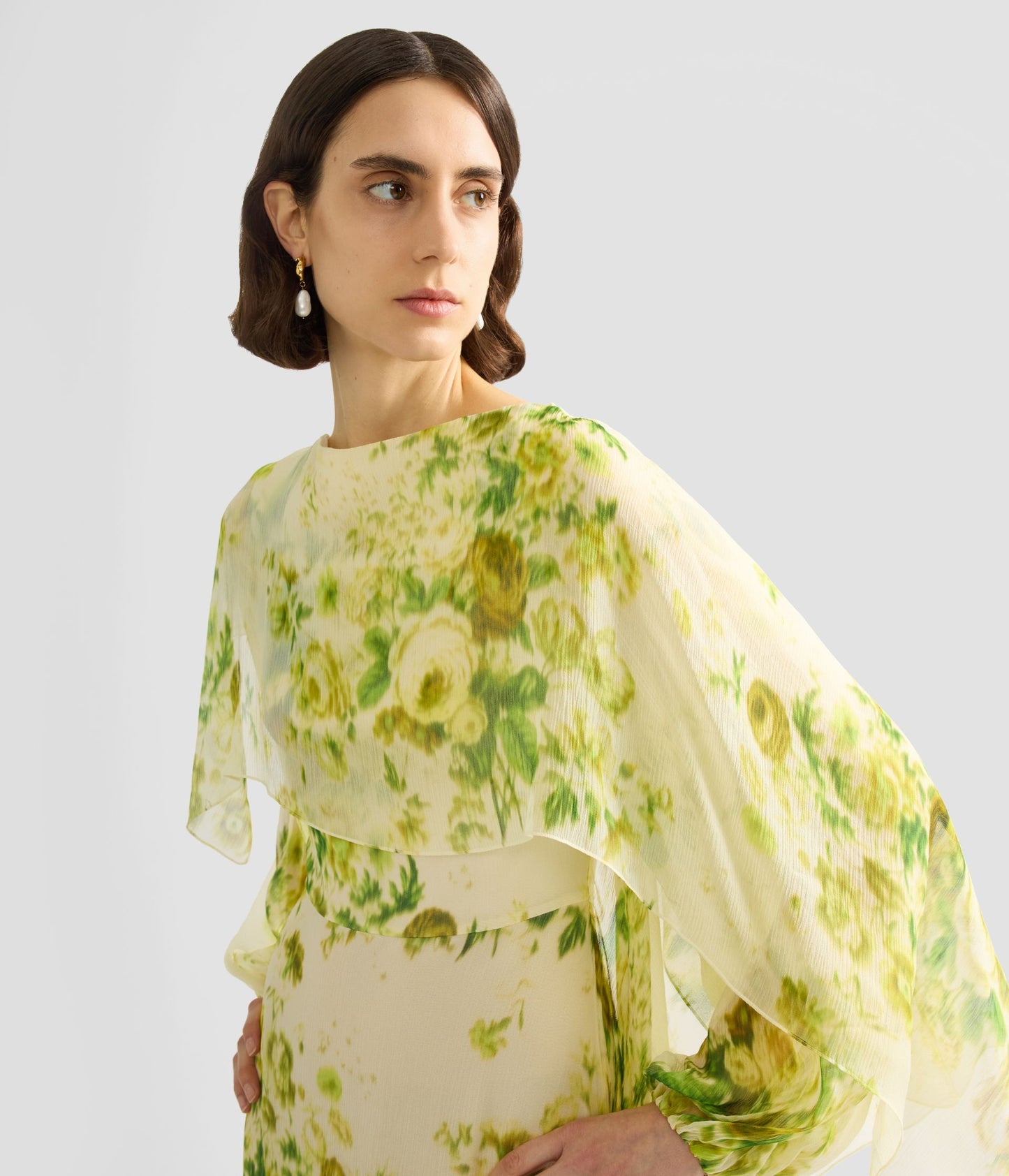 Floral Print Silk Creponne Draped Midi Dress