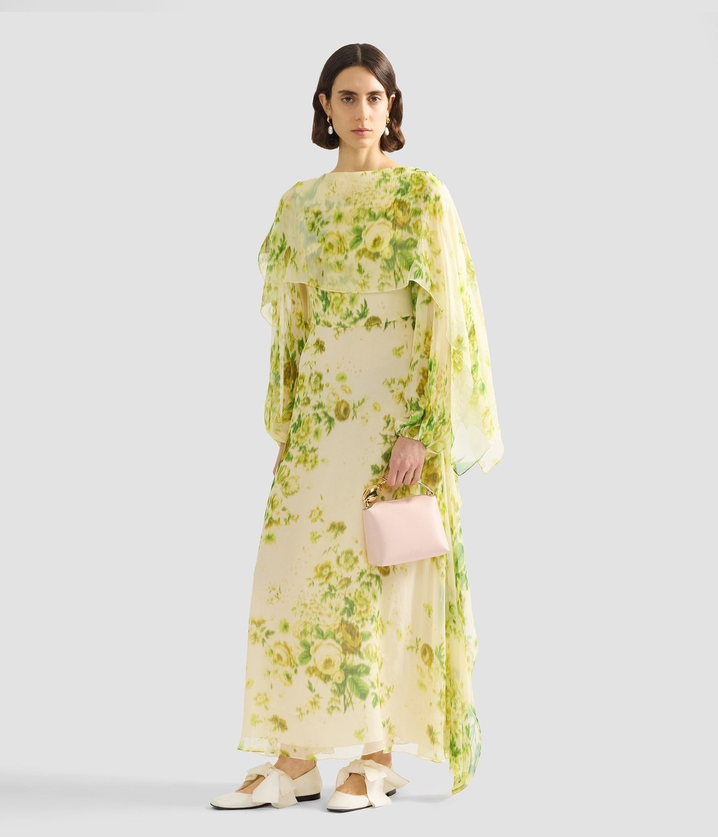 Floral Print Silk Creponne Draped Midi Dress