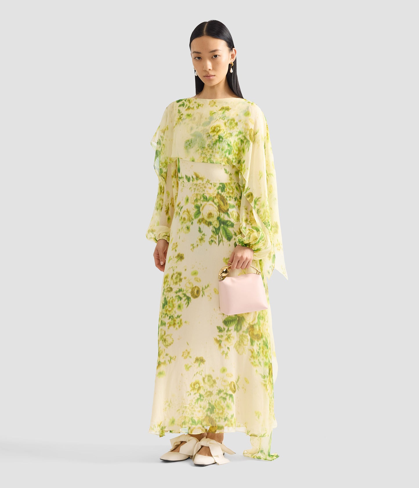 Floral Print Silk Creponne Draped Midi Dress