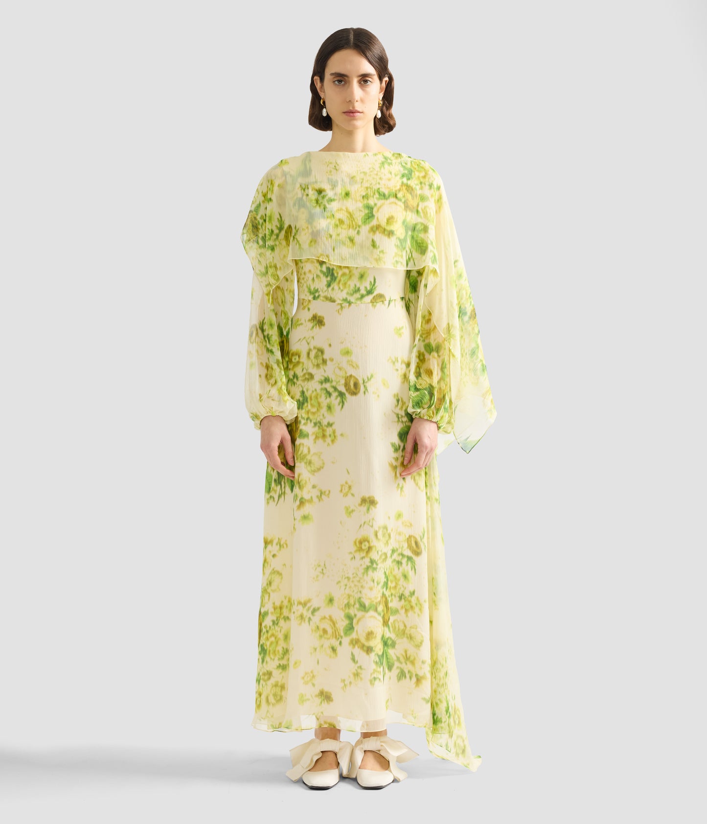 Floral Print Silk Creponne Draped Midi Dress